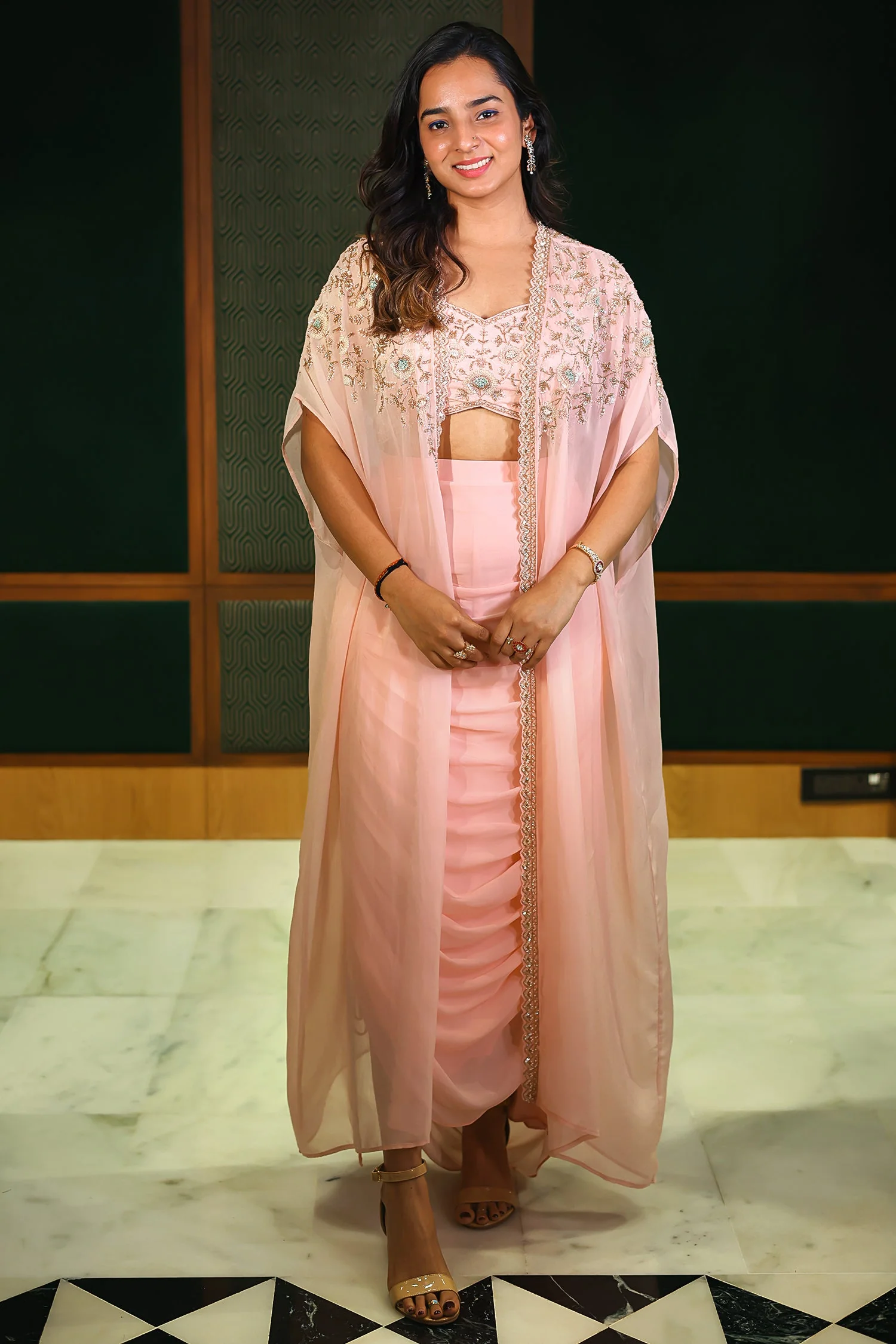 Baby Pink Silk Sequin Cutdana Crop Top Draped Skirt Set with Cape Jacket - Image 2