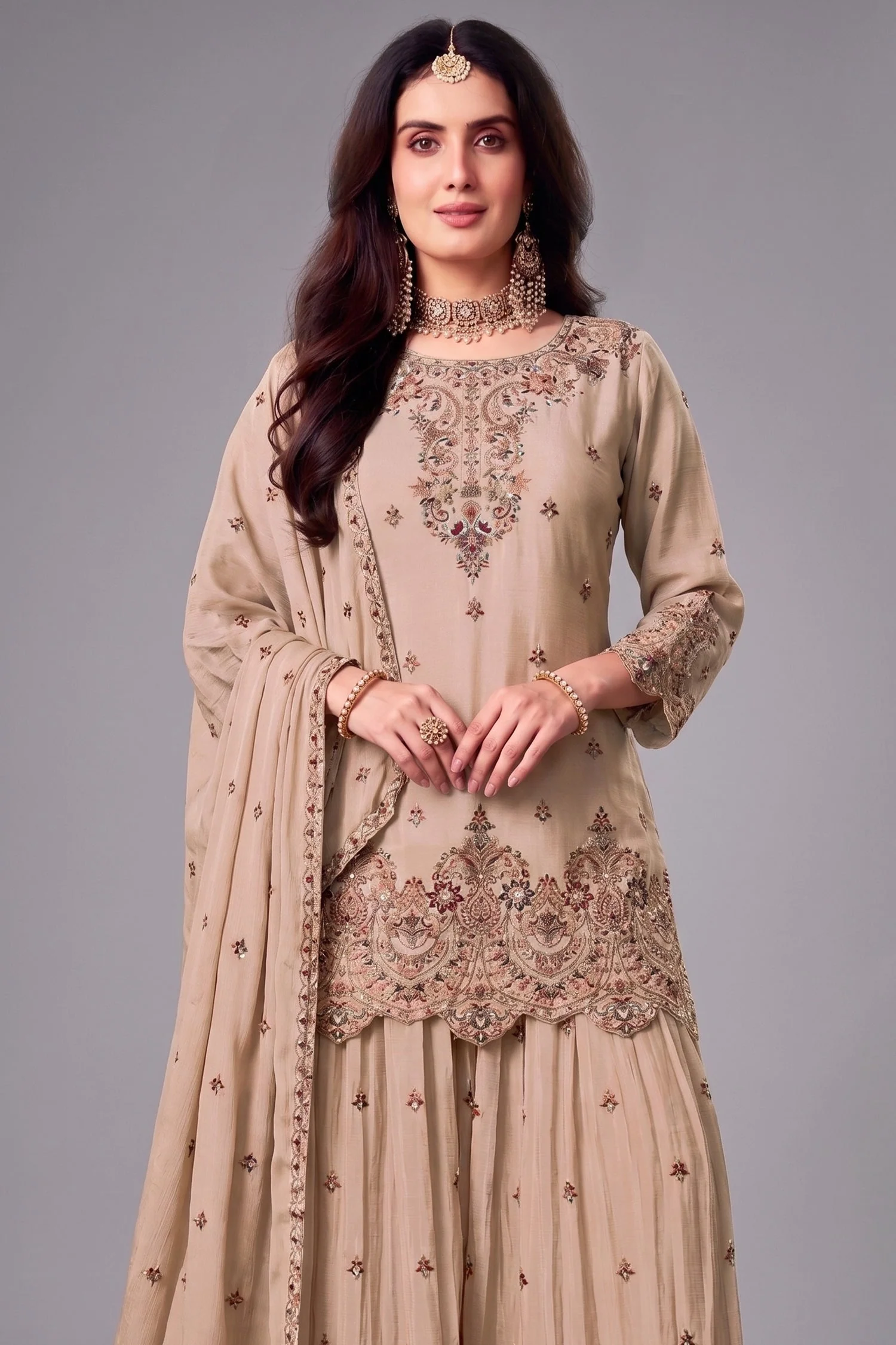 Beige Chinon Embroidered and Sequin Worked Palazzo Suit - Image 2