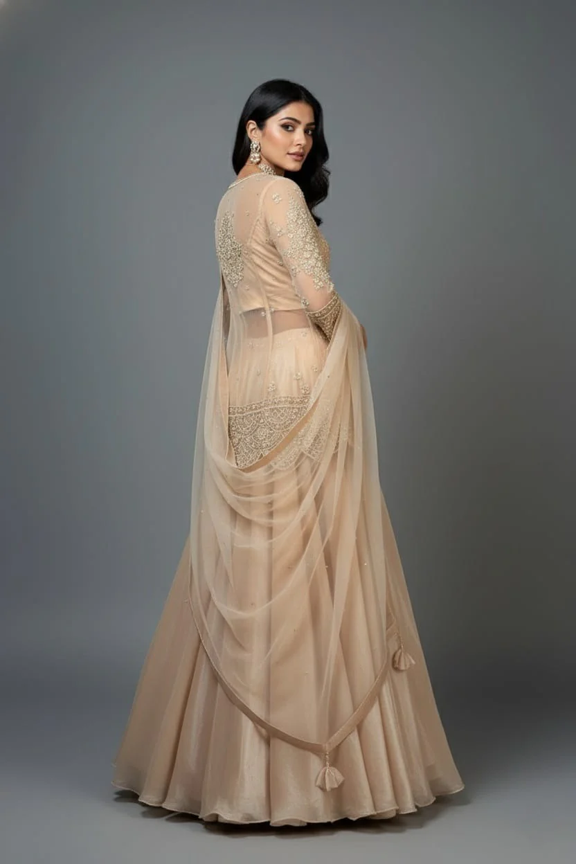 Beige Net Embellished Sequin Cutdana Worked Slit Cut Peplum Top with Lehenga - Image 2