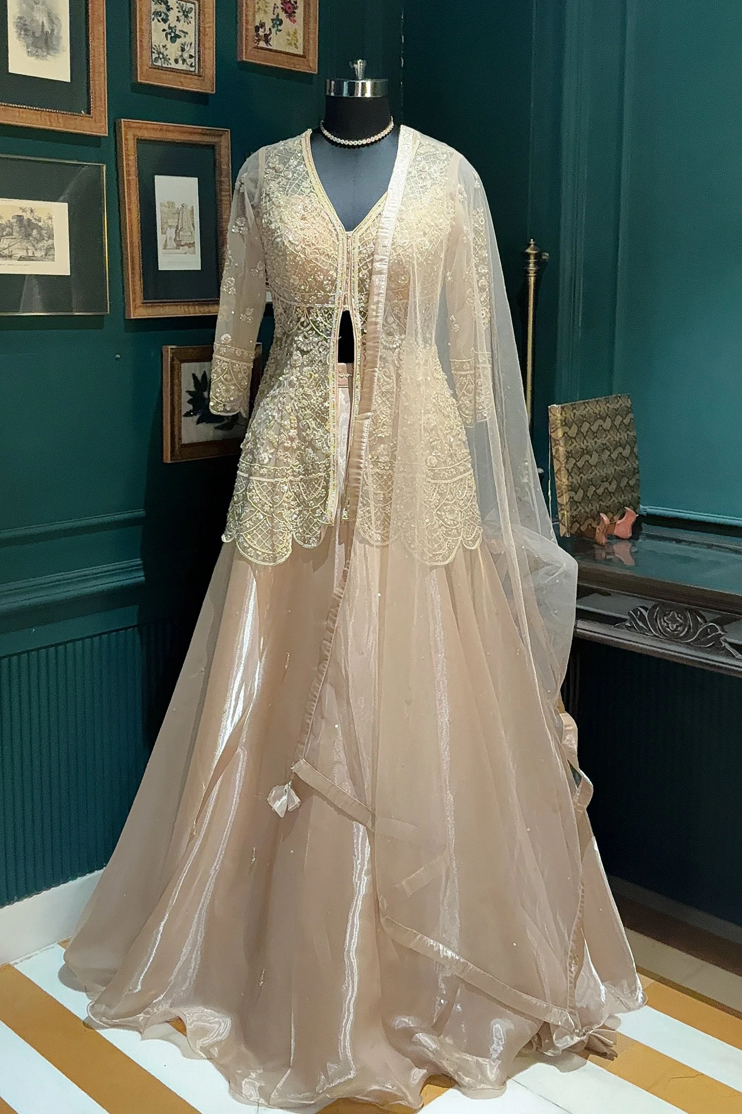 Beige Net Embellished Sequin Cutdana Worked Slit Cut Peplum Top with Lehenga - Image 3