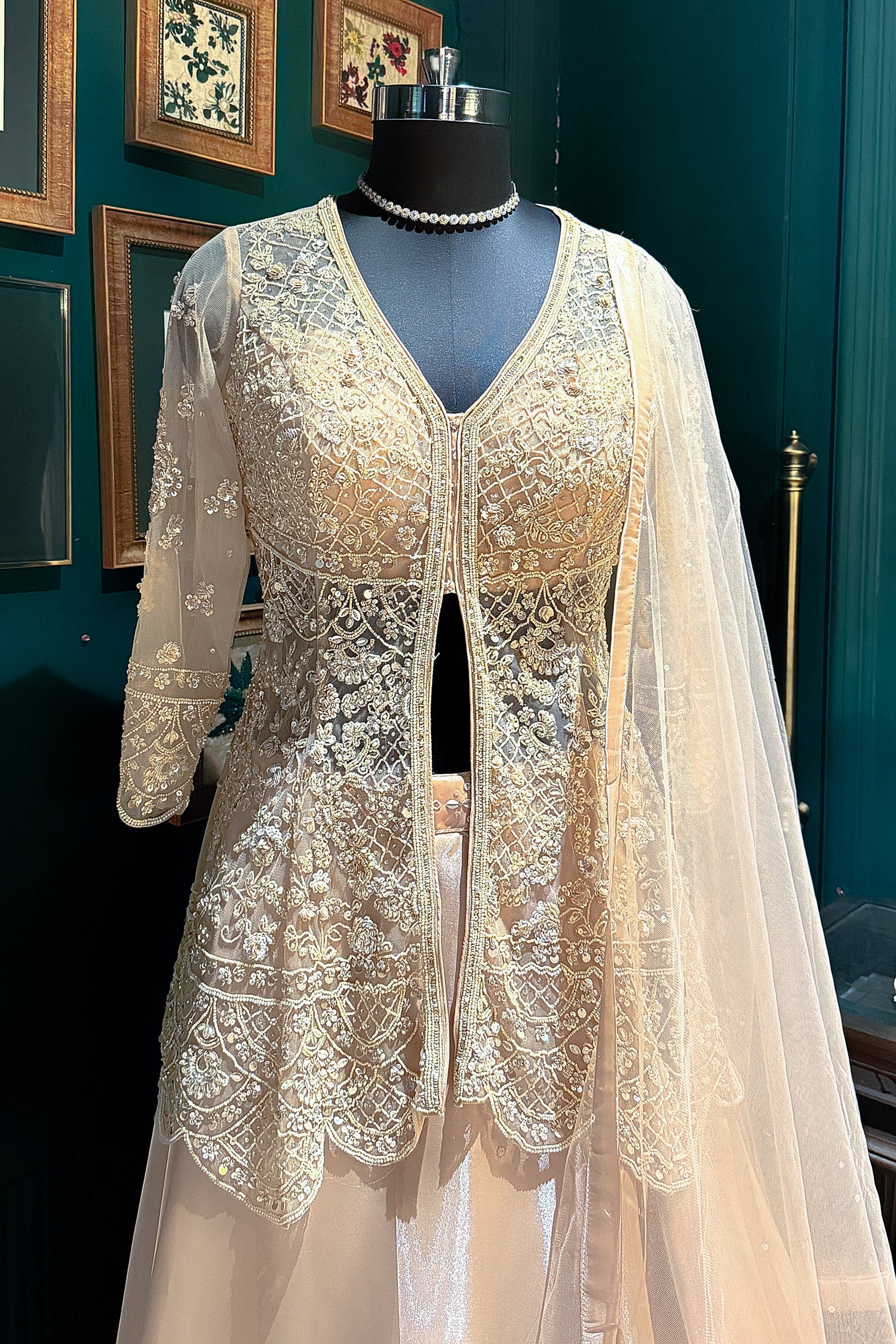 Beige Net Embellished Sequin Cutdana Worked Slit Cut Peplum Top with Lehenga - Image 4