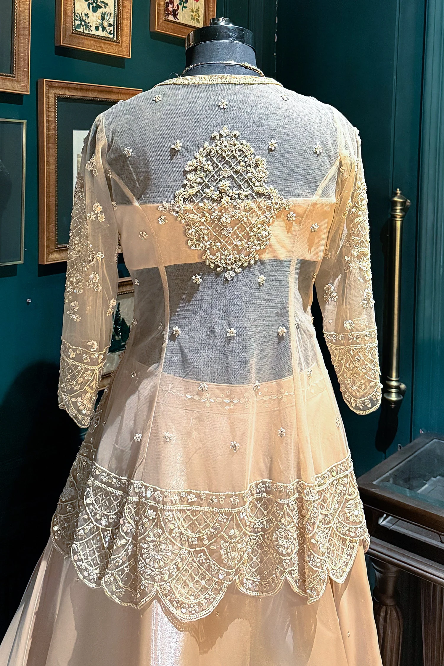 Beige Net Embellished Sequin Cutdana Worked Slit Cut Peplum Top with Lehenga - Image 5
