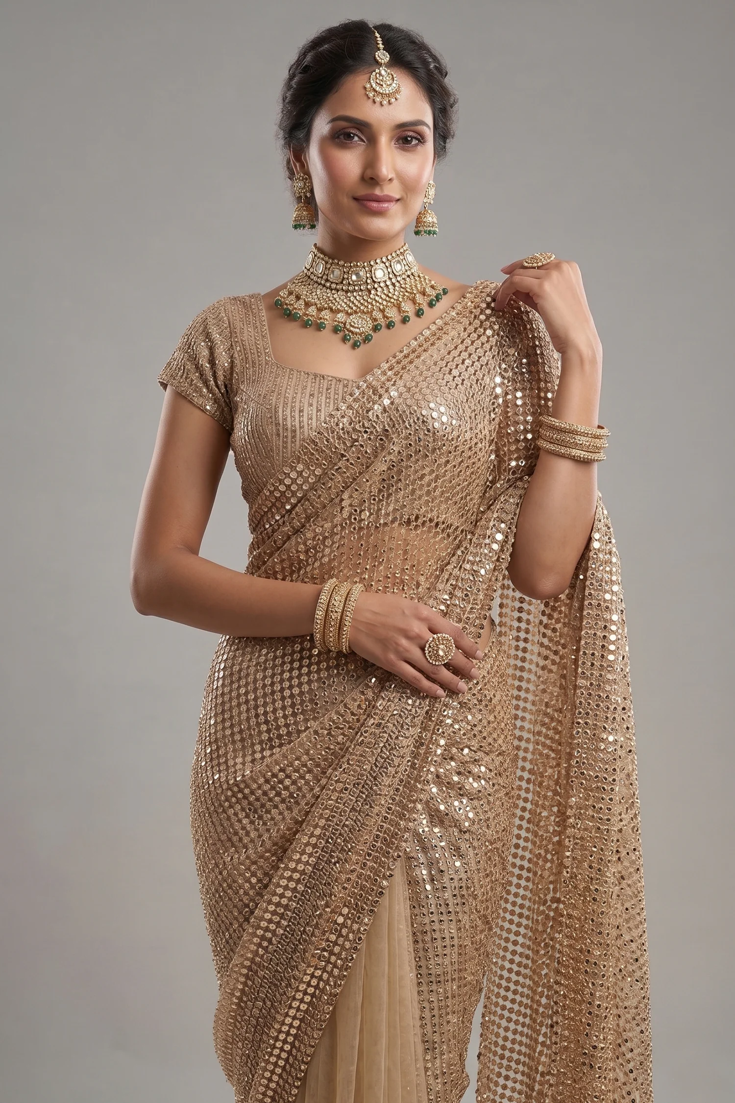 Beige Net Half and Half Designer Saree with Sequins and Cutdana Work - Image 2