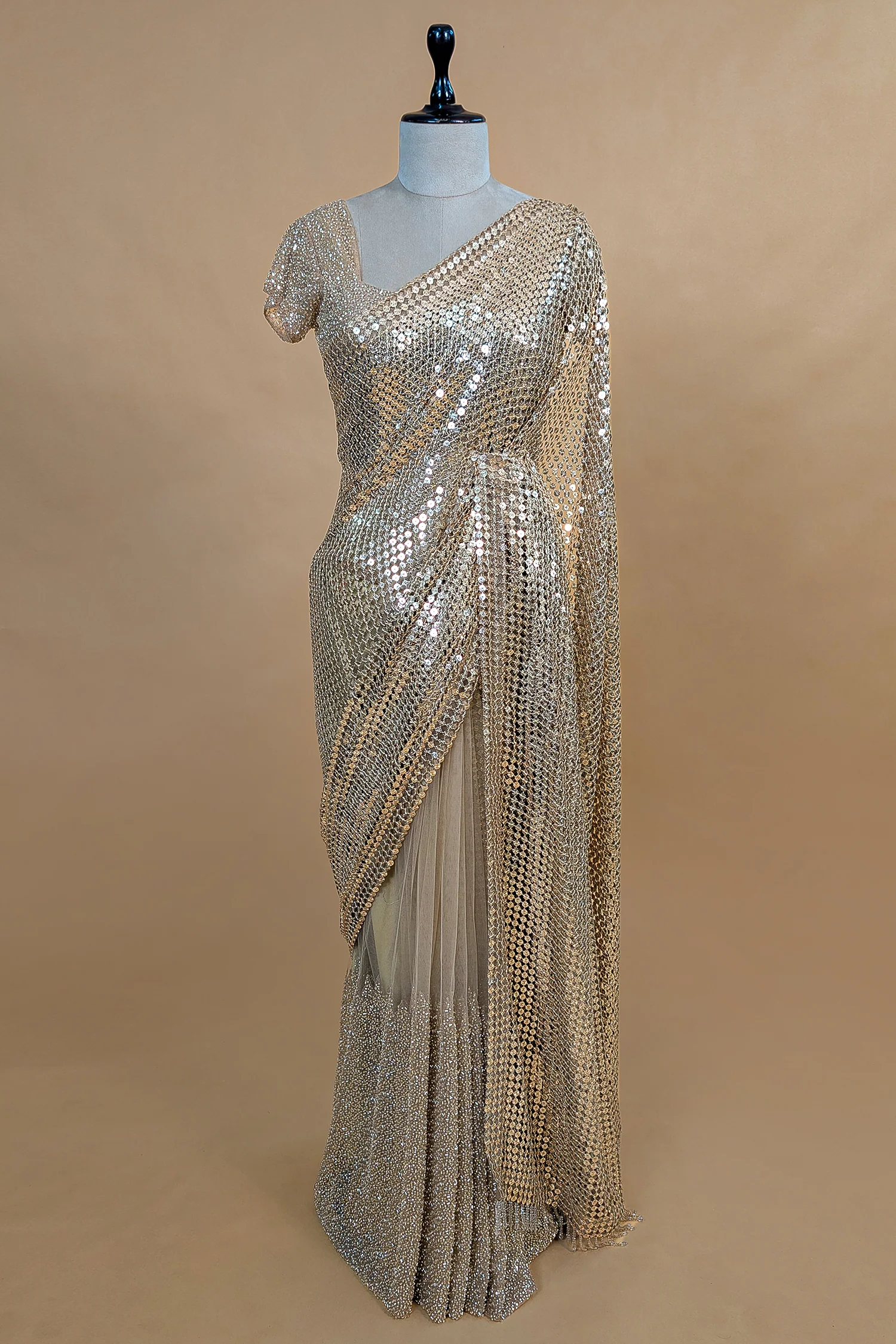 Beige Net Half and Half Designer Saree with Sequins and Cutdana Work - Image 3