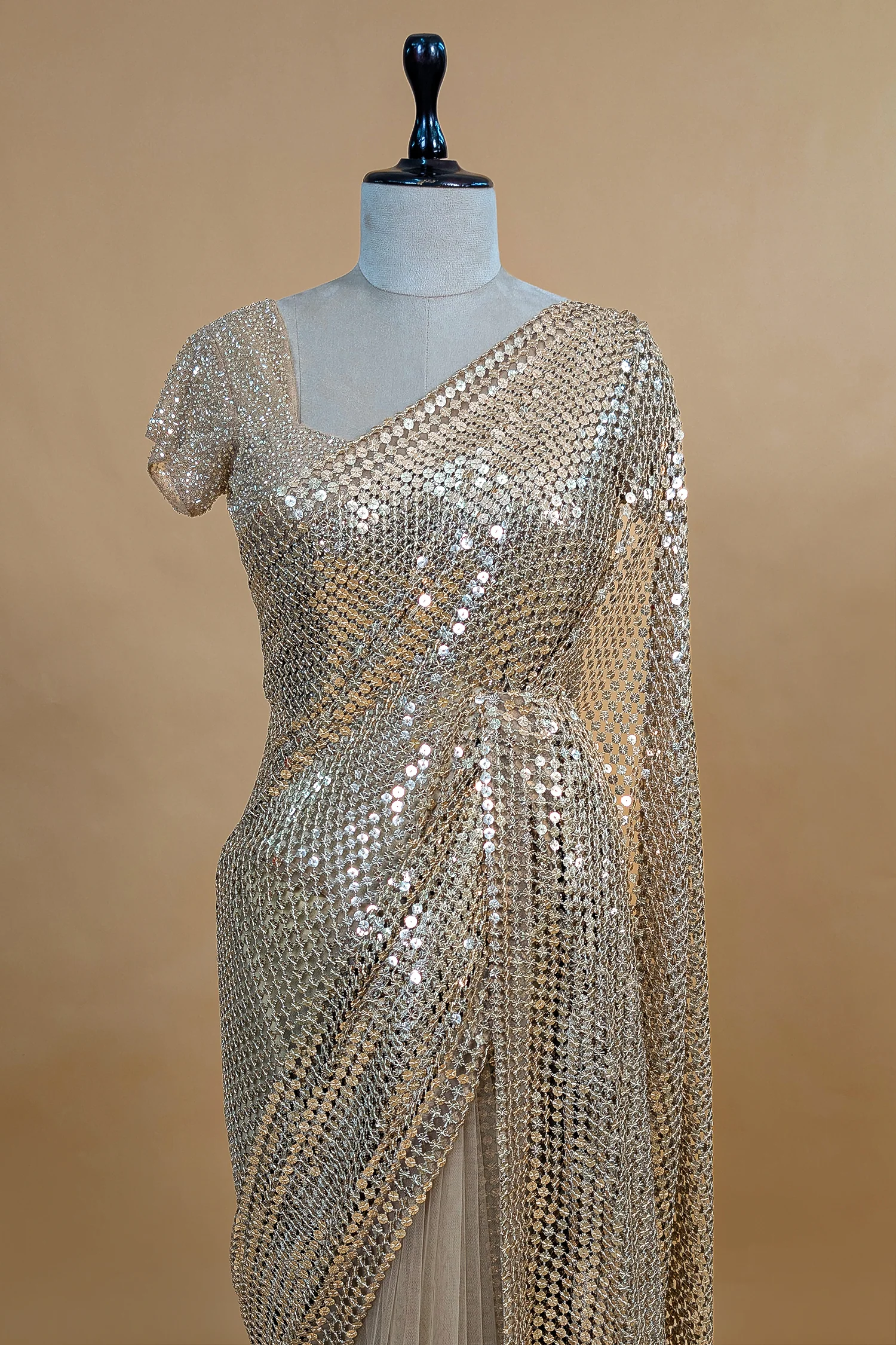 Beige Net Half and Half Designer Saree with Sequins and Cutdana Work - Image 4