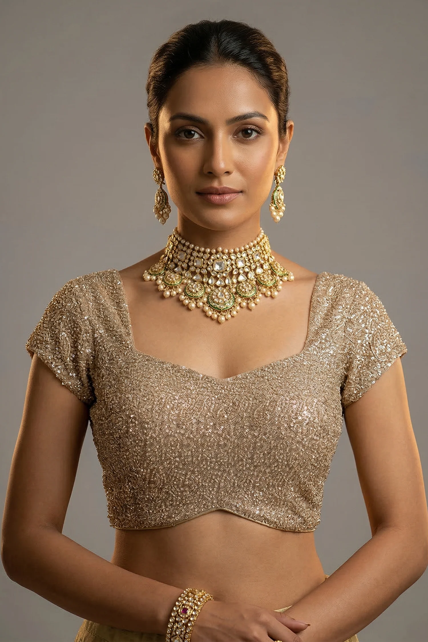 Beige Net Half and Half Designer Saree with Sequins and Cutdana Work - Image 5