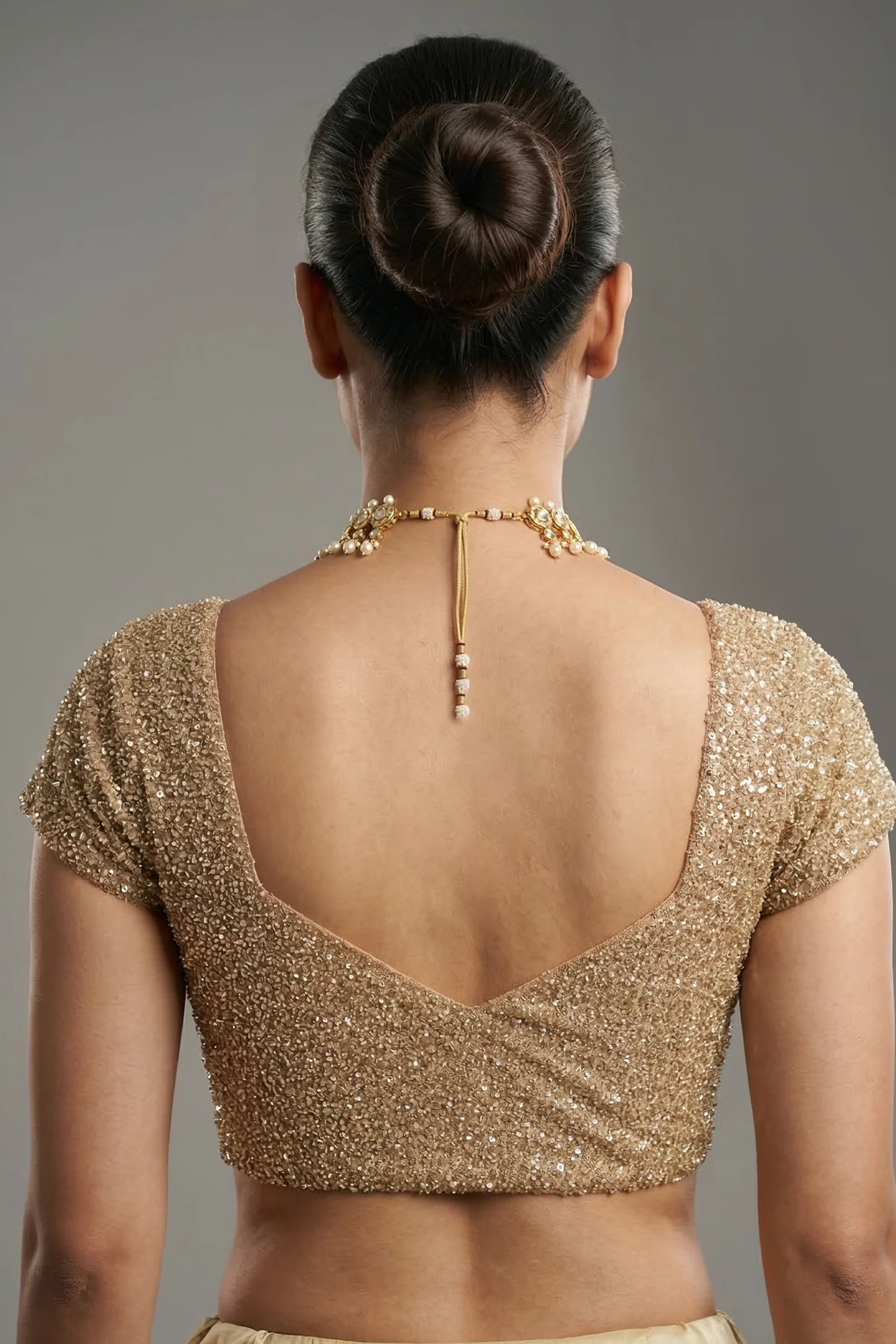 Beige Net Half and Half Designer Saree with Sequins and Cutdana Work - Image 6
