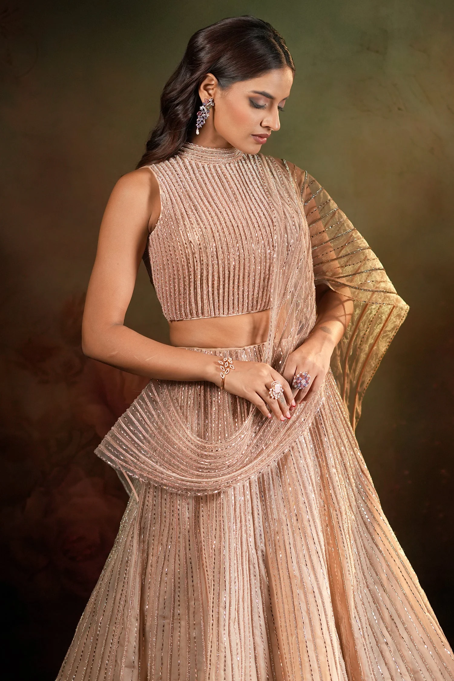 Beige Net High Neck Designer Metallic Stripe Lehenga Set with Attached Dupatta - Image 3