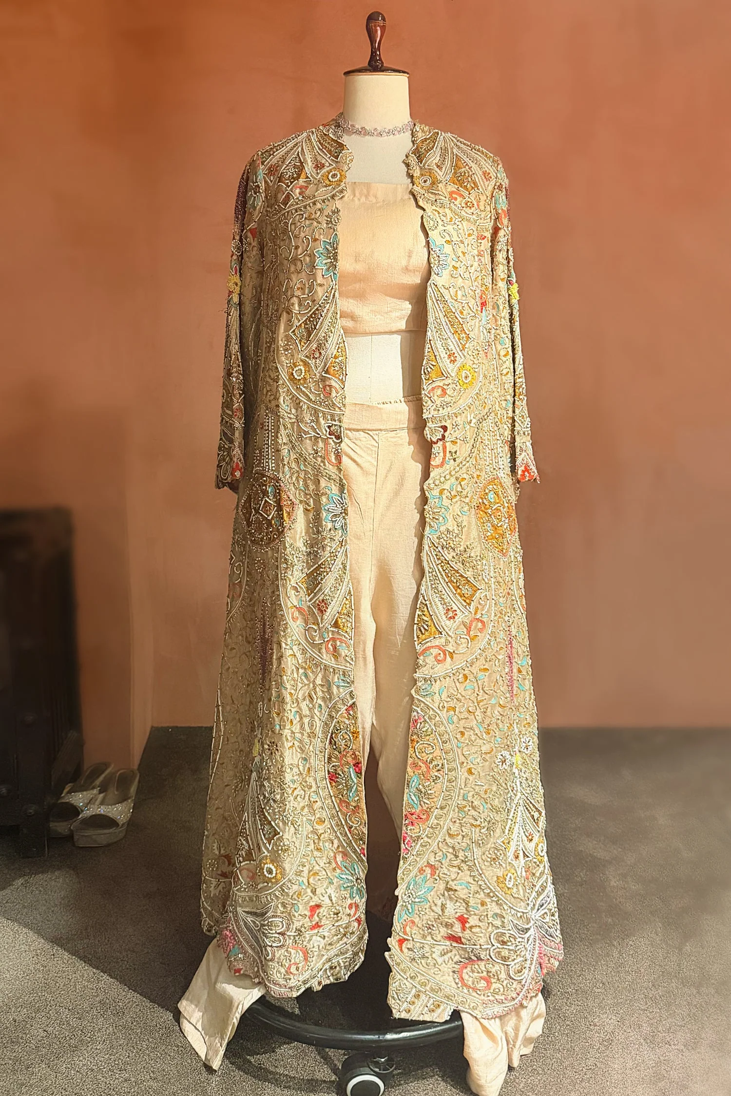 Beige Silk Handworked Indo Western Set - Image 2