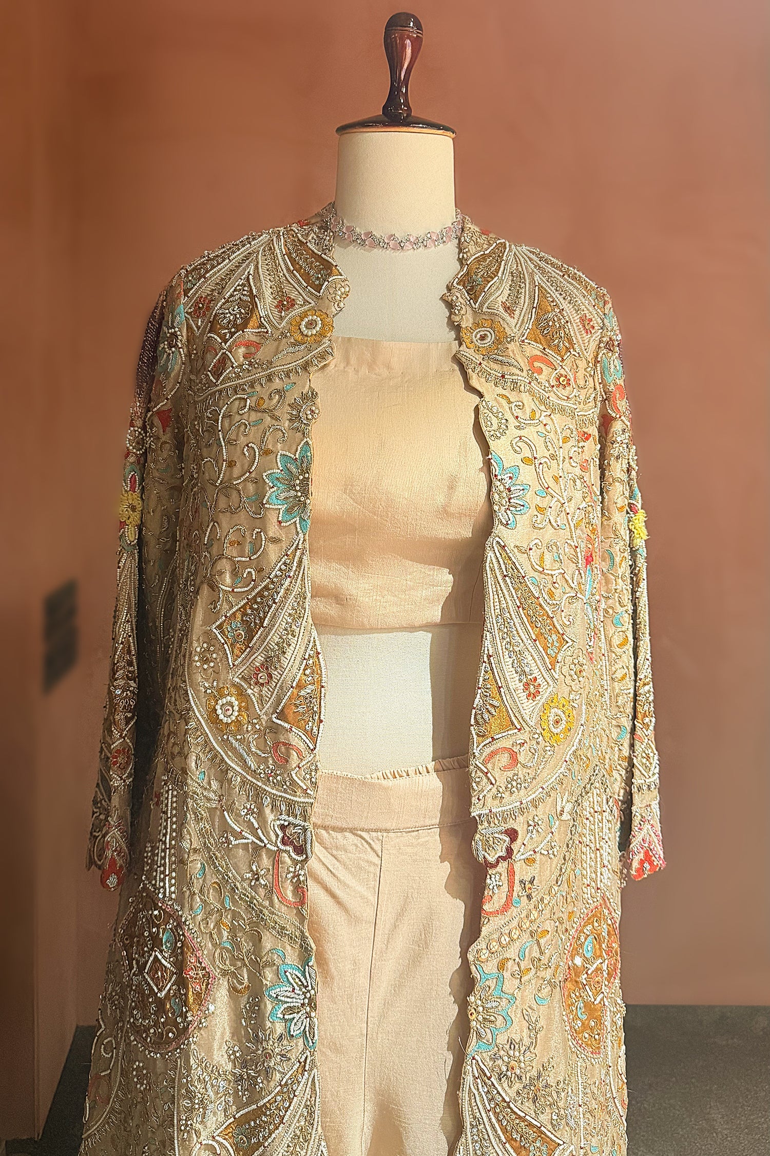Beige Silk Handworked Indo Western Set - Image 3