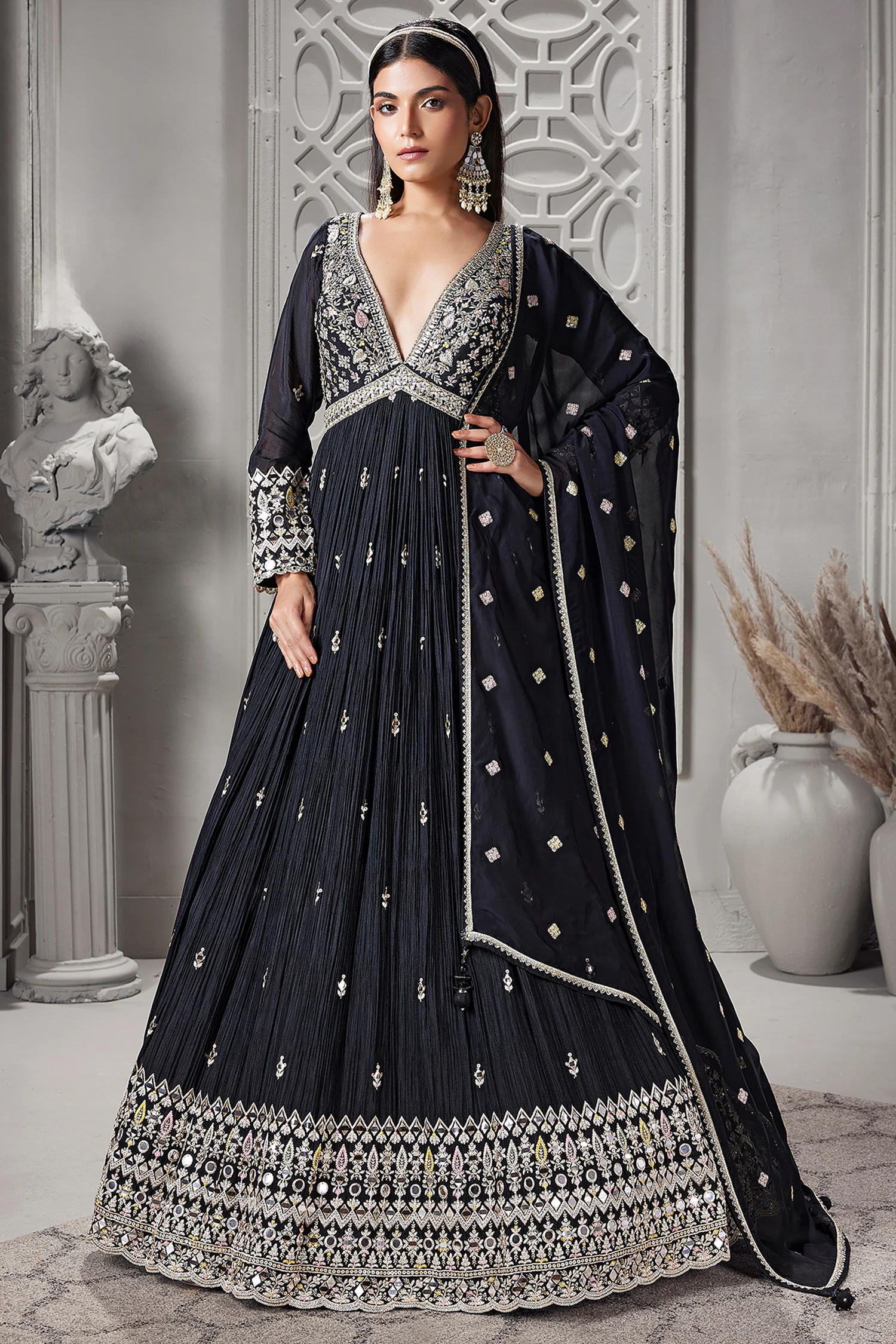 Black Chinon Mirror and Embroidered V Neck Anarkali Suit - Image 2