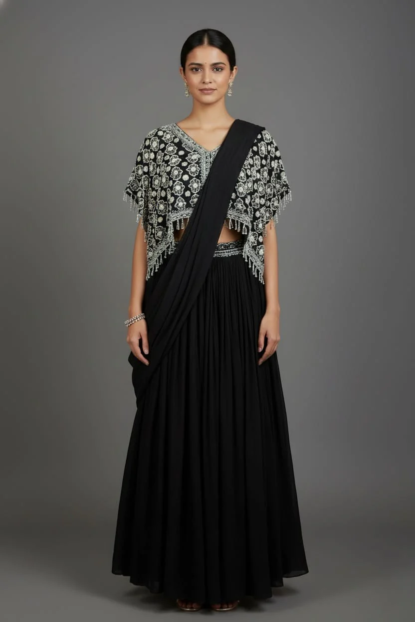 Black Chinon Silk Pre Drape Lehenga Saree with Sequin Cutdana Worked Poncho Cape