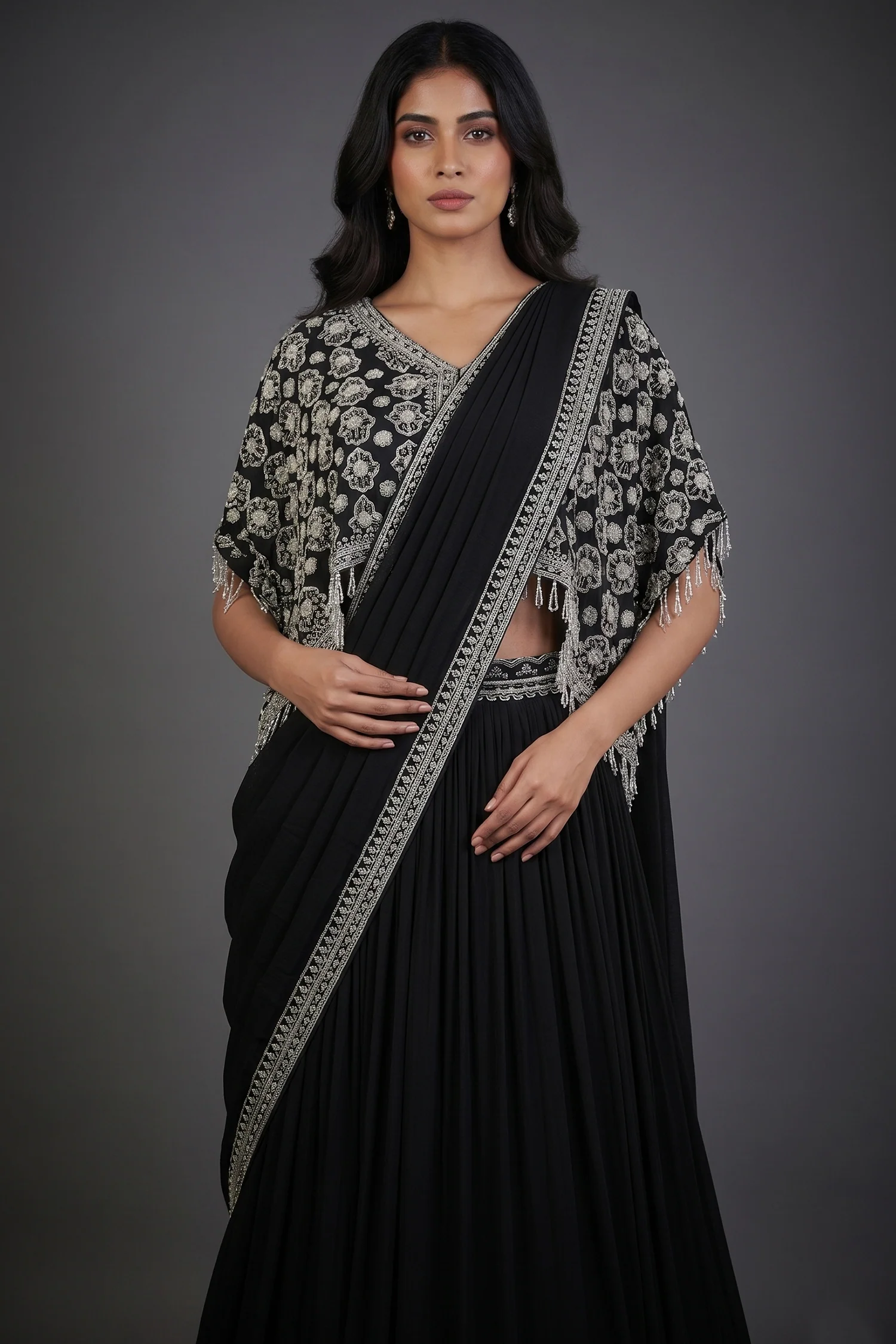 Black Chinon Silk Pre Drape Lehenga Saree with Sequin Cutdana Worked Poncho Cape - Image 2