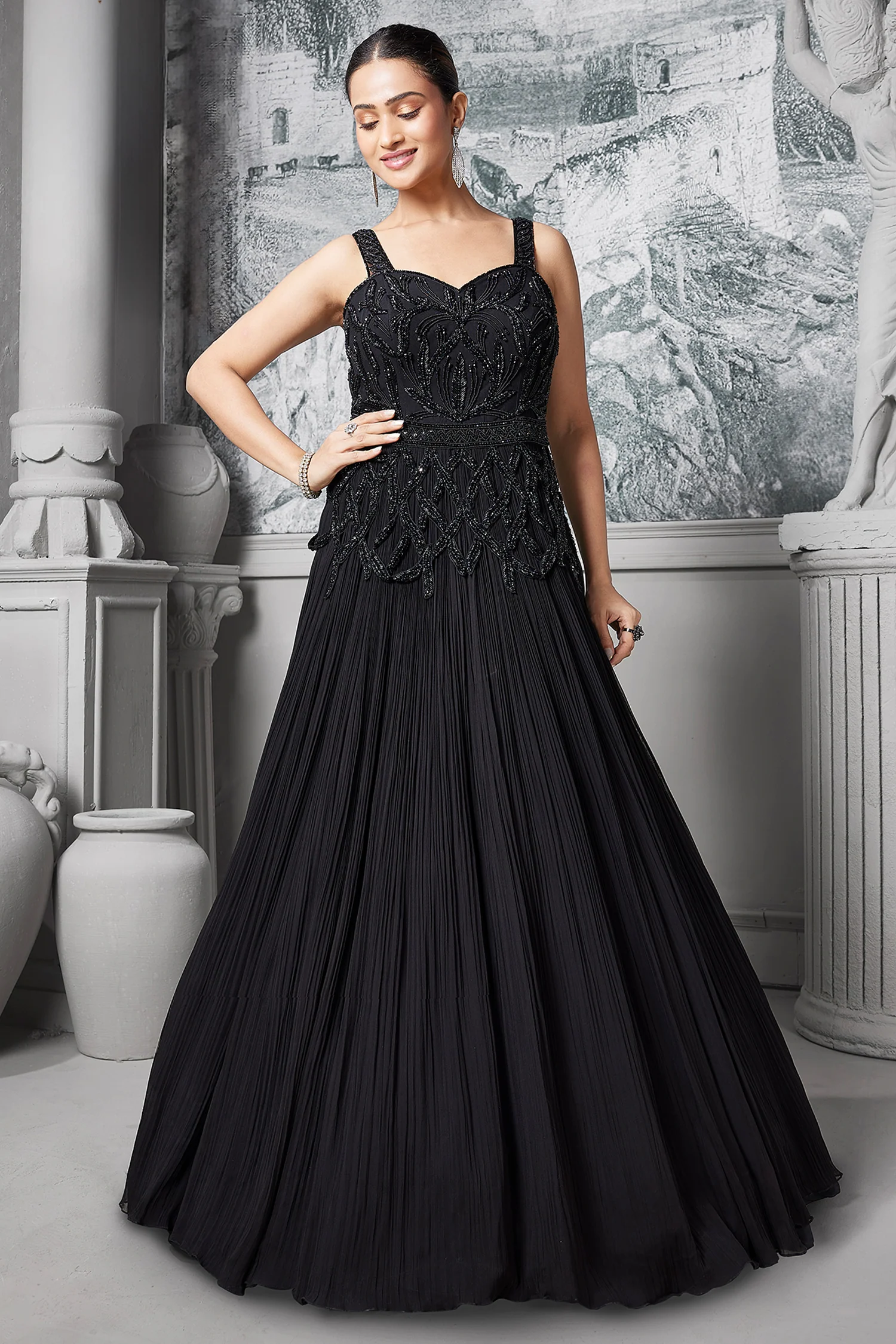 Black Georgette Cutdana and Beaded Gown - Image 2