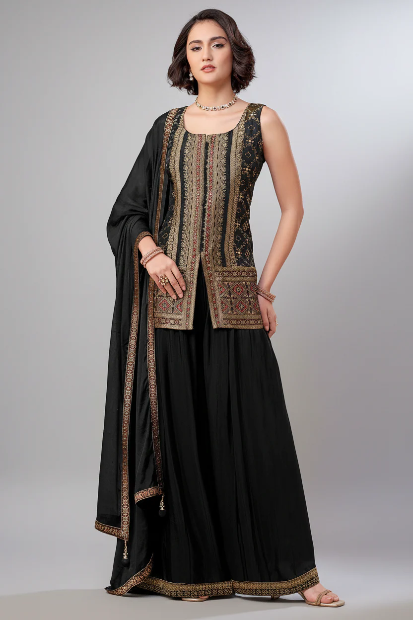 Black Gerogette Chinon Woven Palazzo Suit