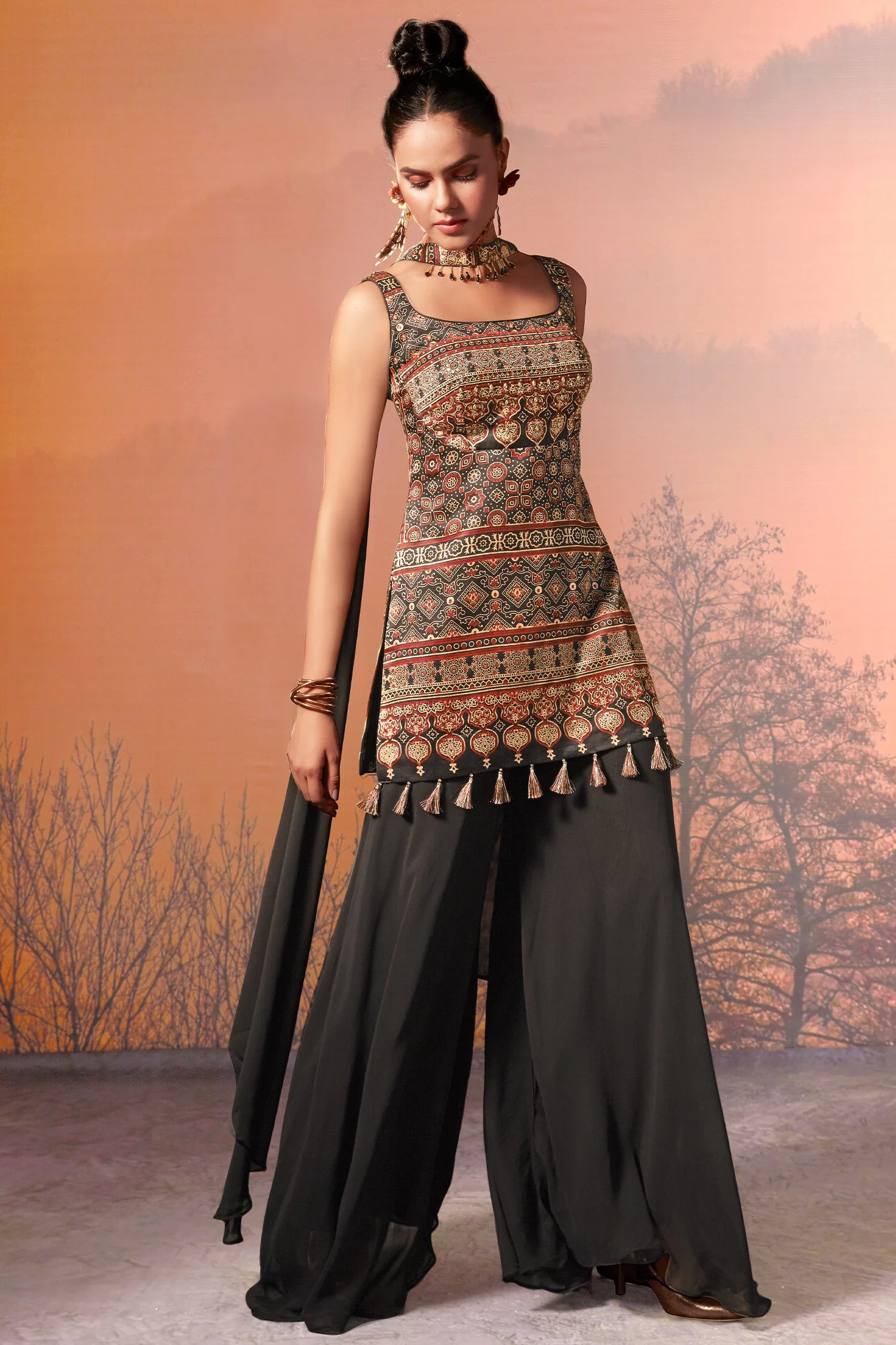 Black Modal Silk Ajrakh Printed Straight Cut Palazzo Suit - Image 2