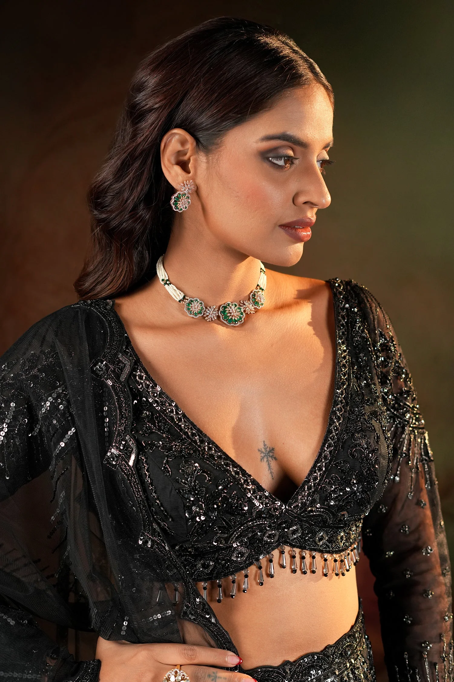 Black Net Sequinned and Cutdana Worked Designer Lehenga with Deep V Neck Blouse - Image 3
