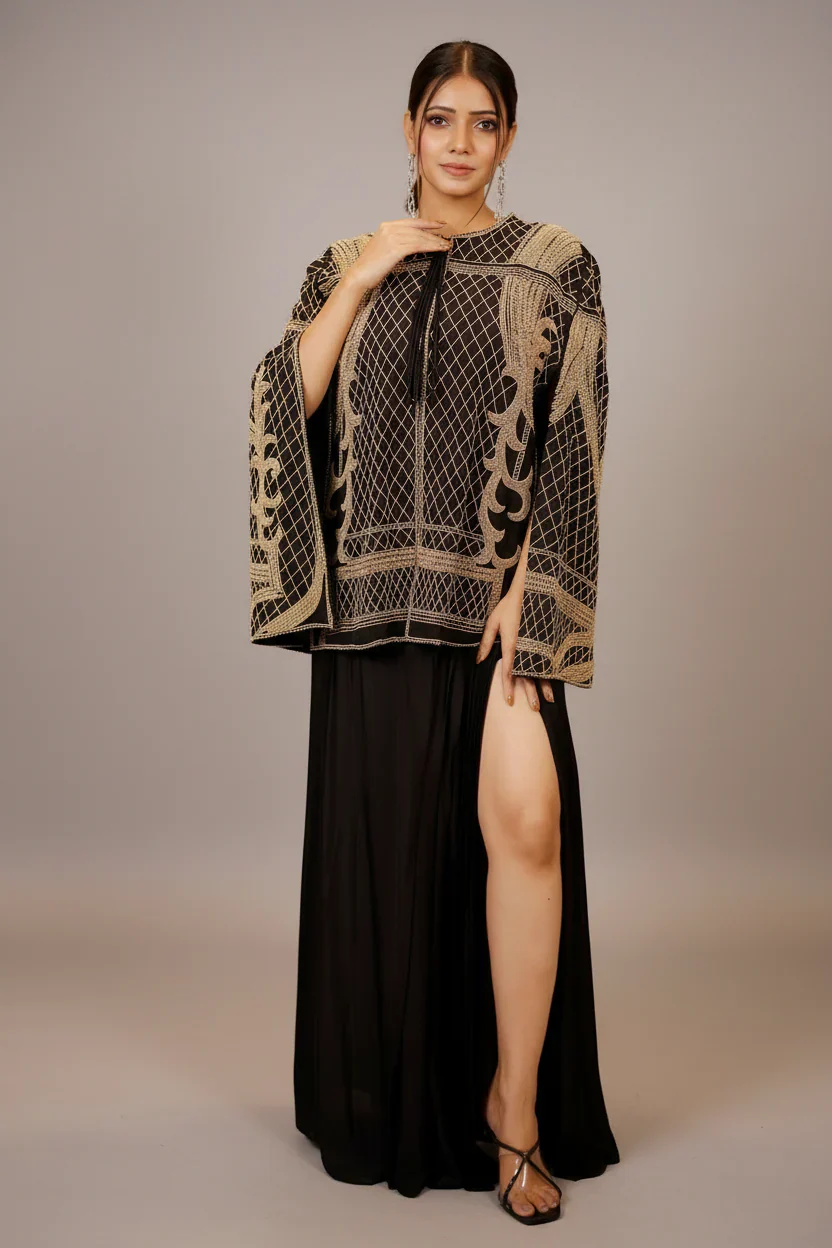 Black Raw Silk Beaded Contemporary Indo-Western Co-ord Set