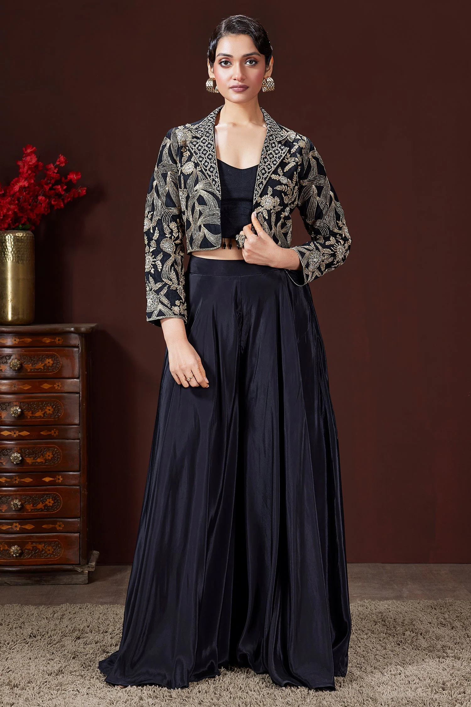 Black Raw Silk Embroidered Crop Top Palazzo Set with Short Jacket - Image 2