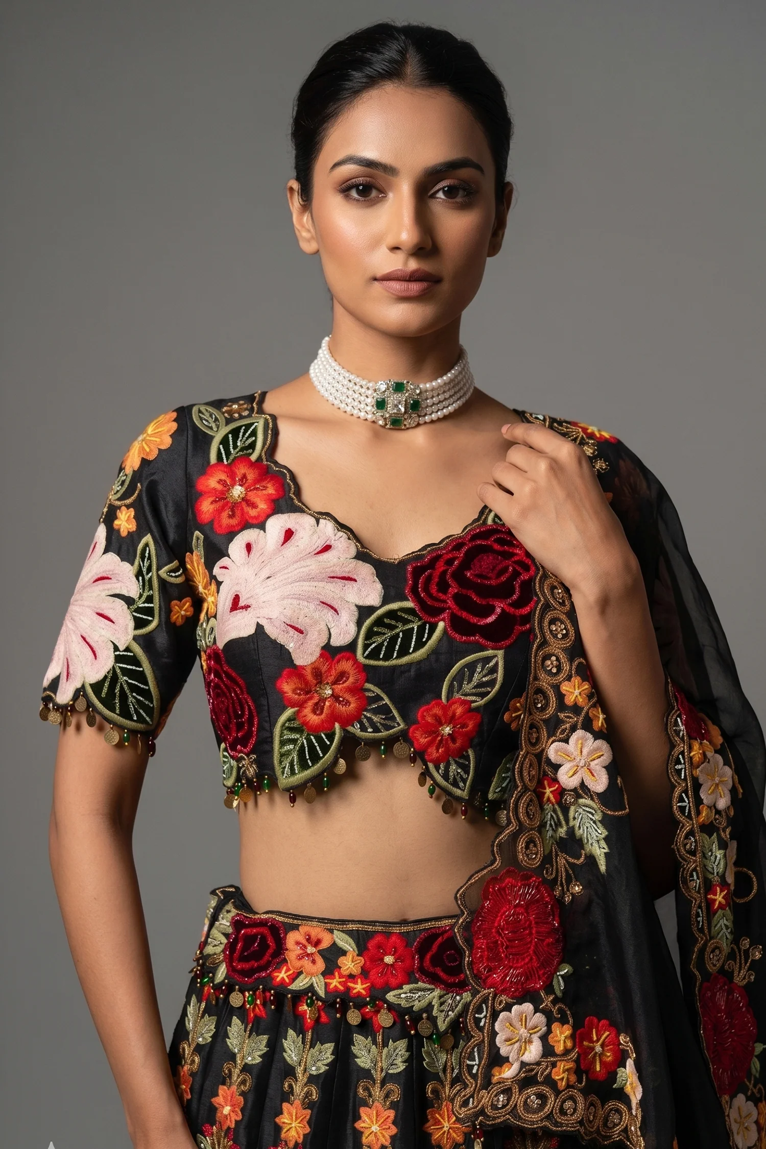 Black Raw Silk Floral Embroidered and Sequin Beaded Worked Lehenga - Image 2