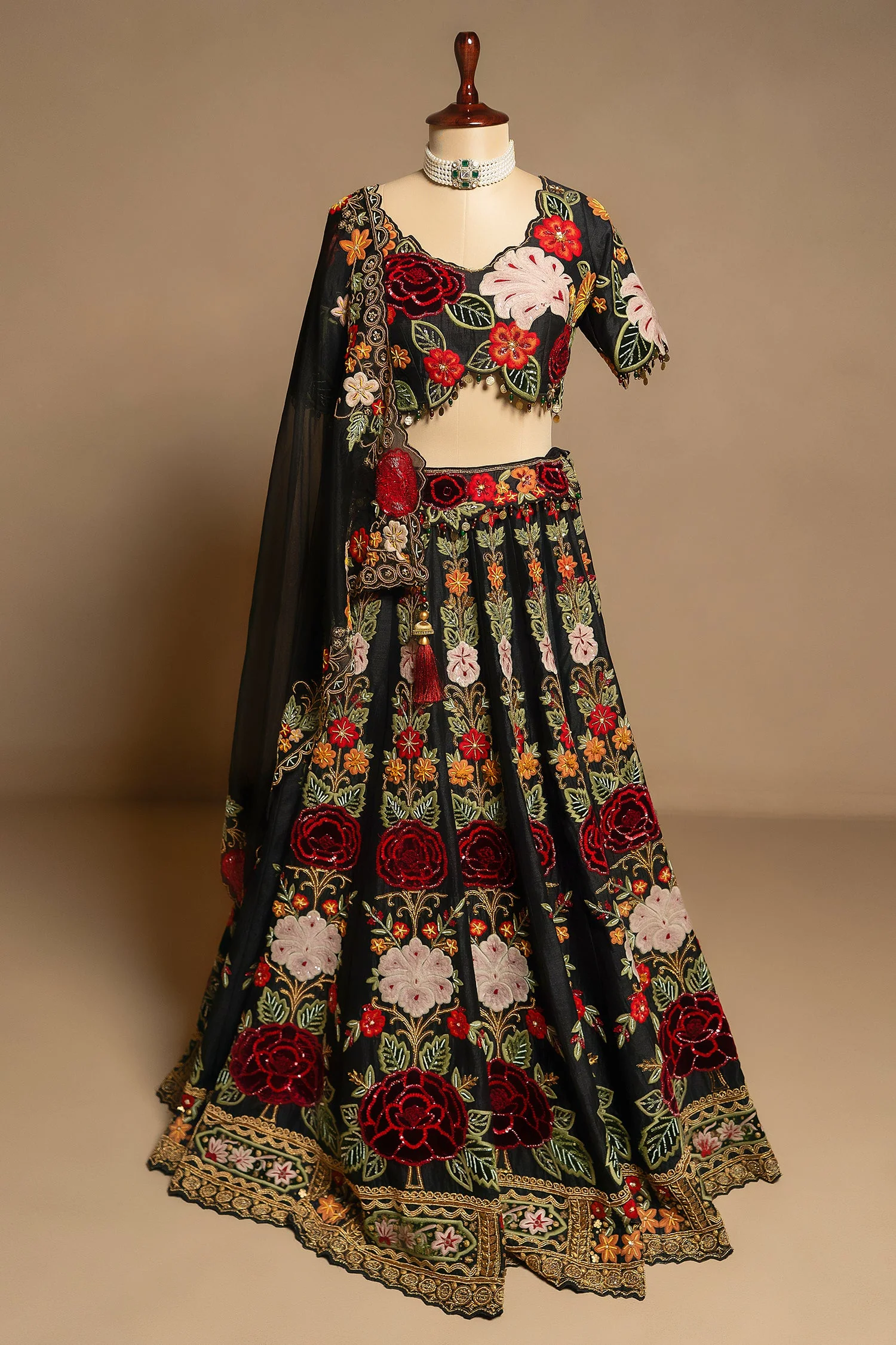 Black Raw Silk Floral Embroidered and Sequin Beaded Worked Lehenga - Image 3