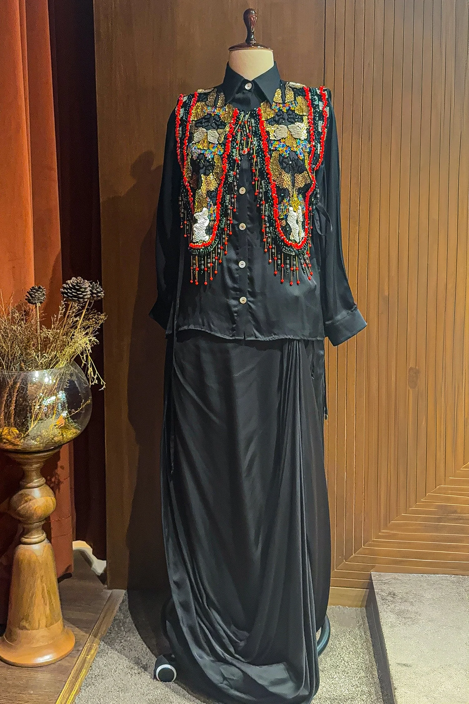 Black Satin Crepe Embellished Statement Shirt with Dhoti Skirt - Image 2