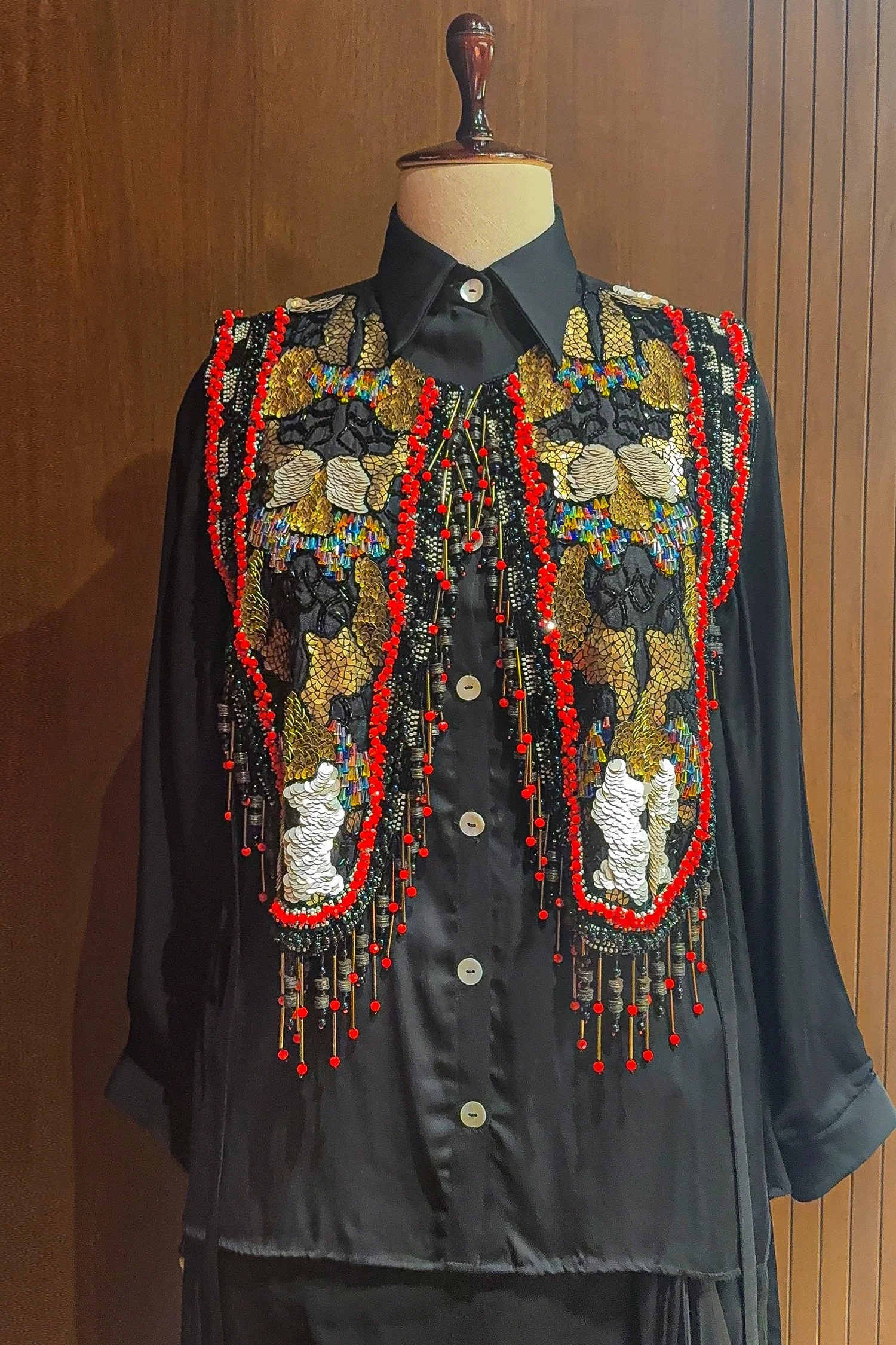 Black Satin Crepe Embellished Statement Shirt with Dhoti Skirt - Image 3