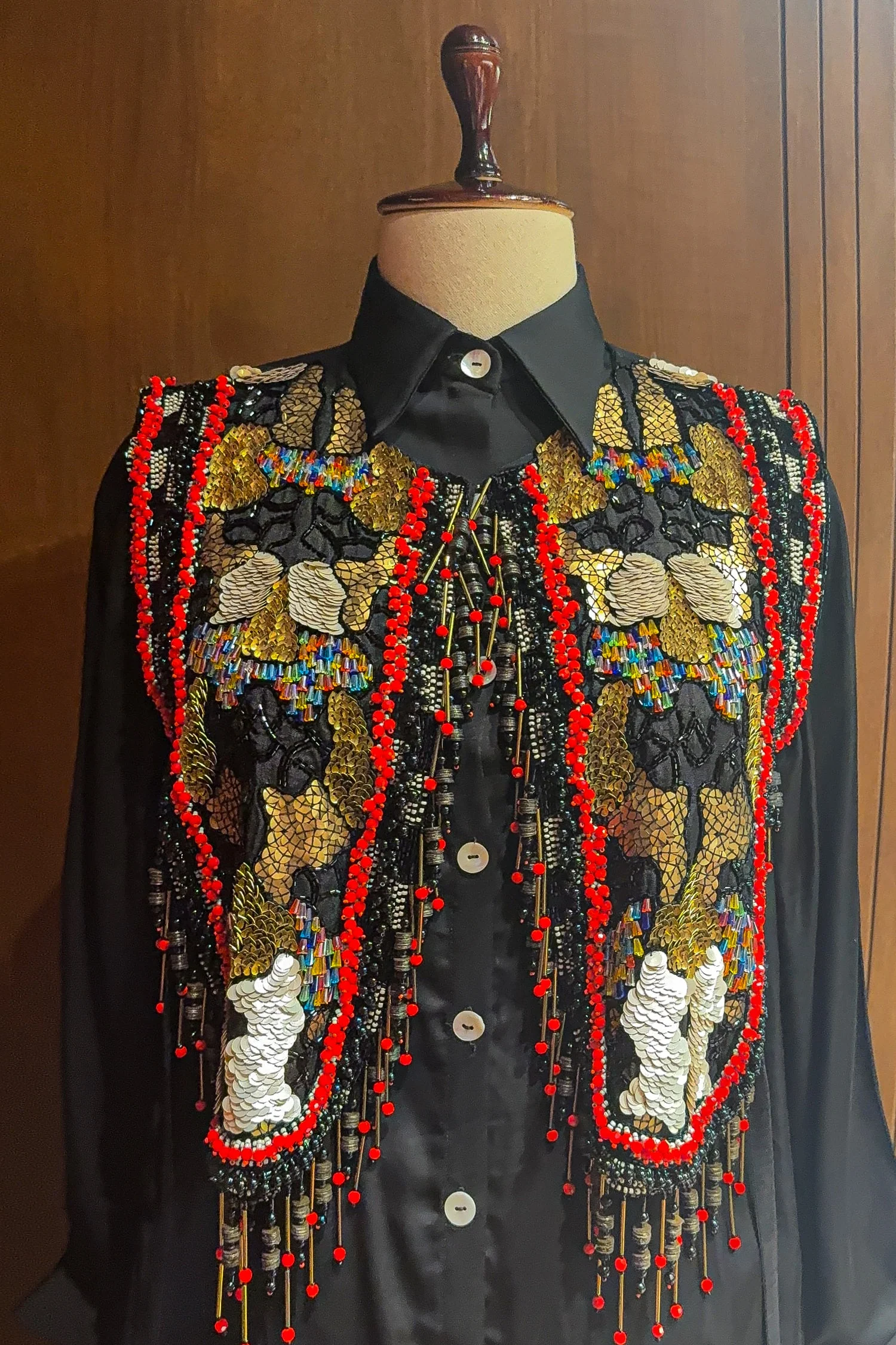 Black Satin Crepe Embellished Statement Shirt with Dhoti Skirt - Image 4