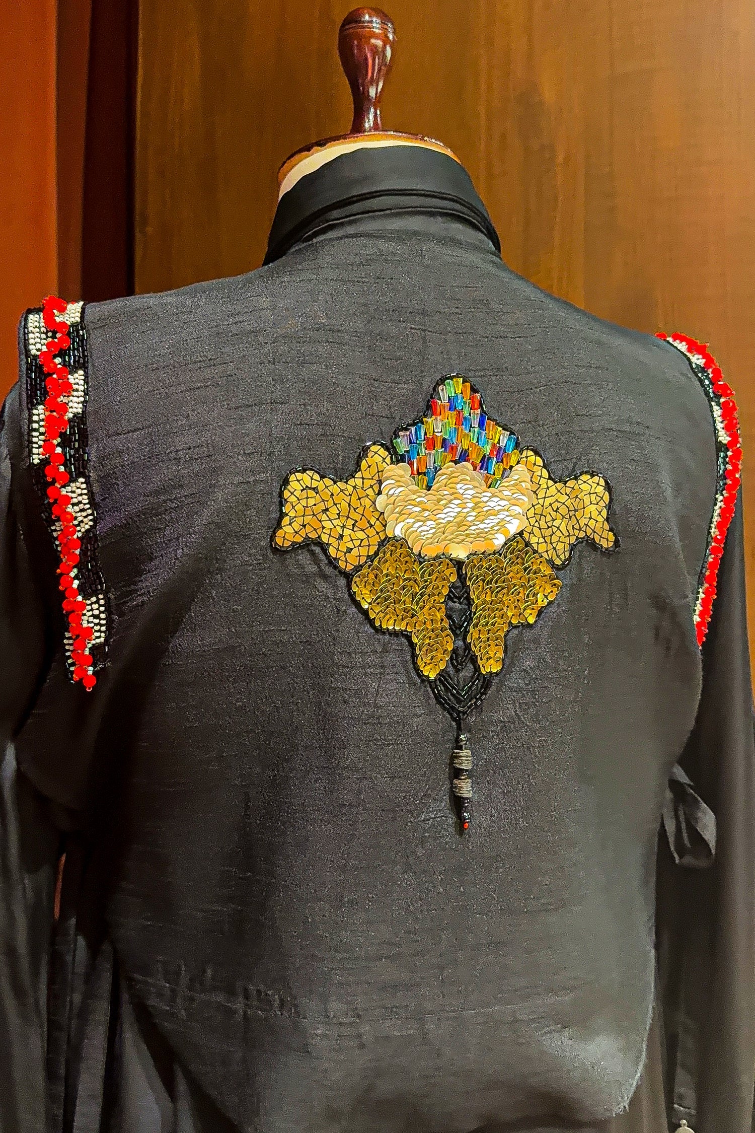 Black Satin Crepe Embellished Statement Shirt with Dhoti Skirt - Image 5