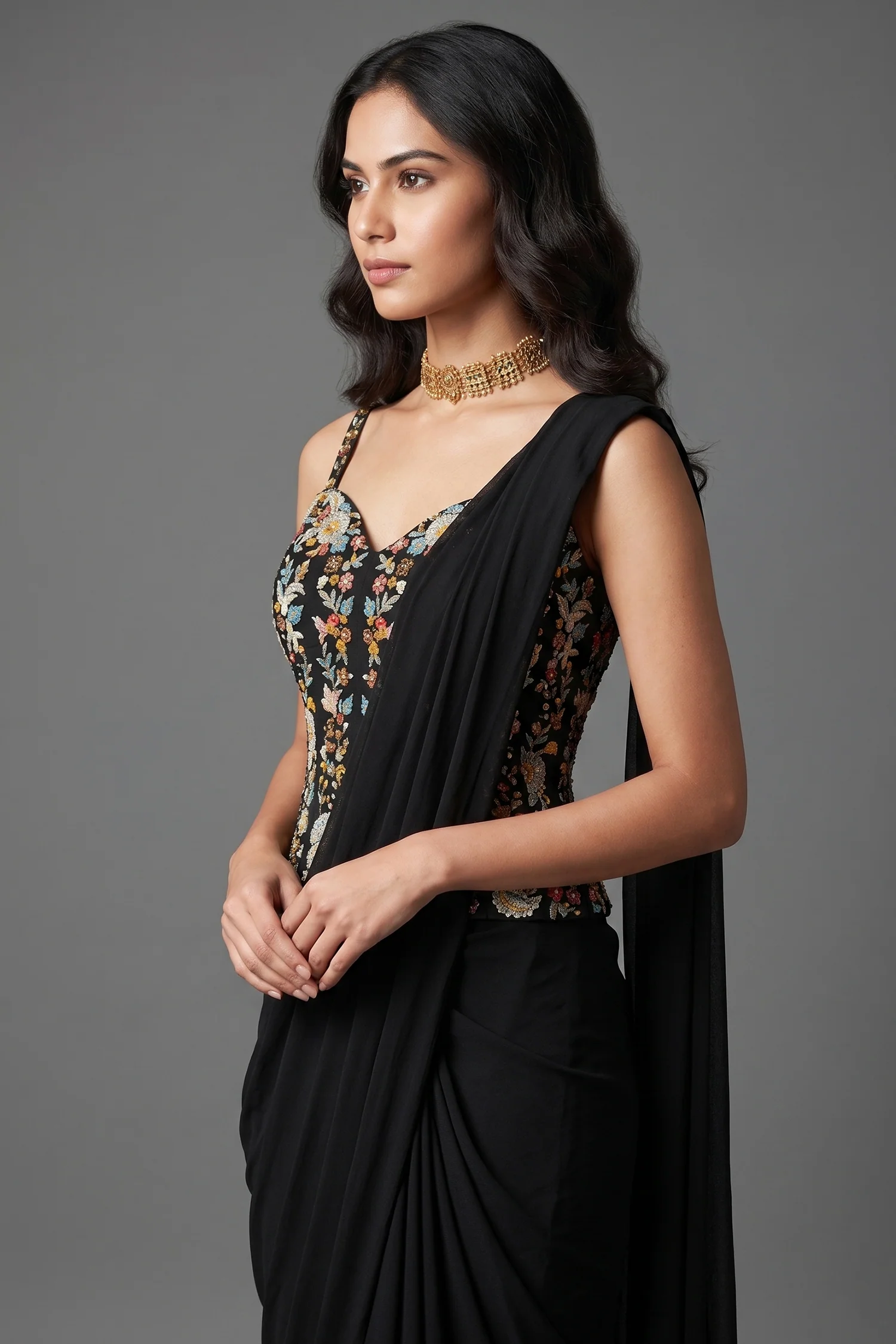 Black Satin Crepe Readymade Saree with Embroidered Sequin Corset - Image 2