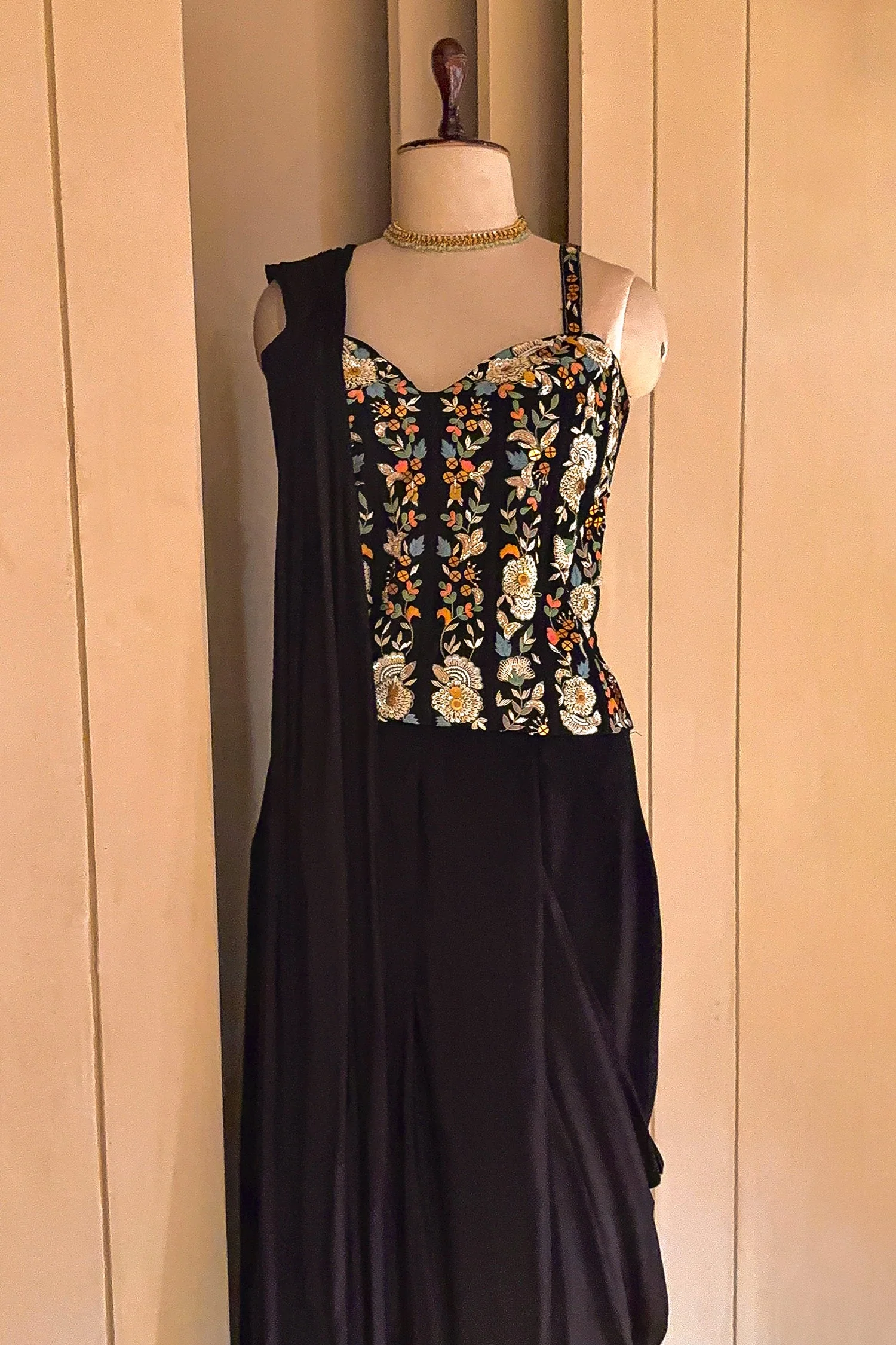 Black Satin Crepe Readymade Saree with Embroidered Sequin Corset - Image 3