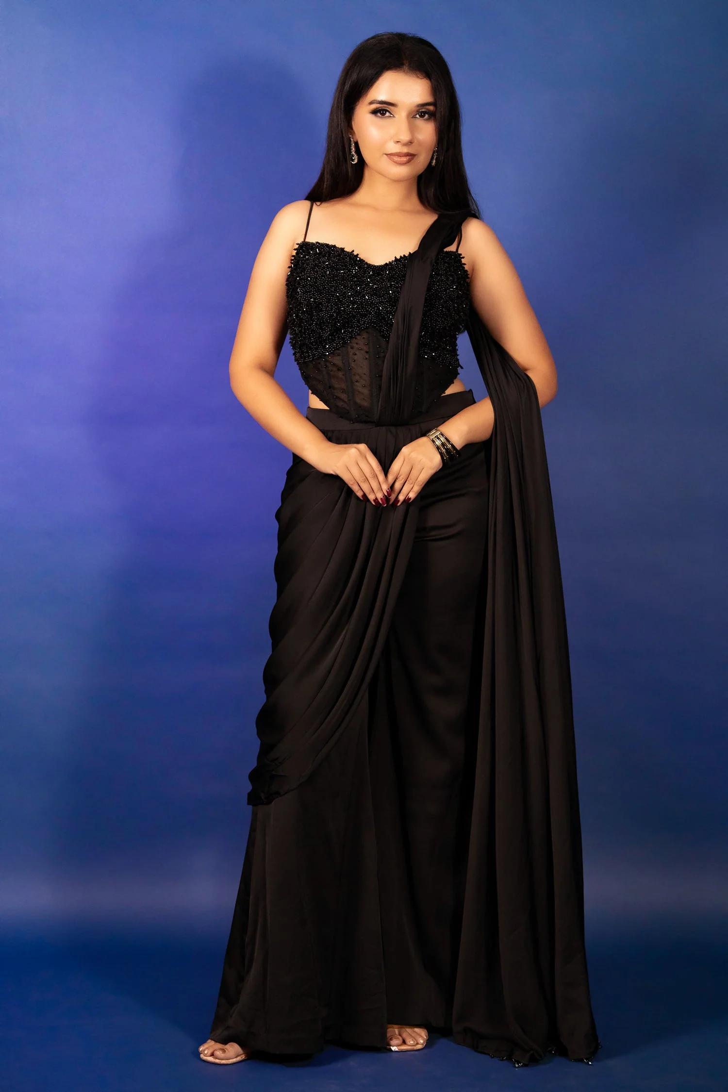 Black Satin Pre Draped Palazzo Saree with Pearl Work Corset Blouse - Image 3