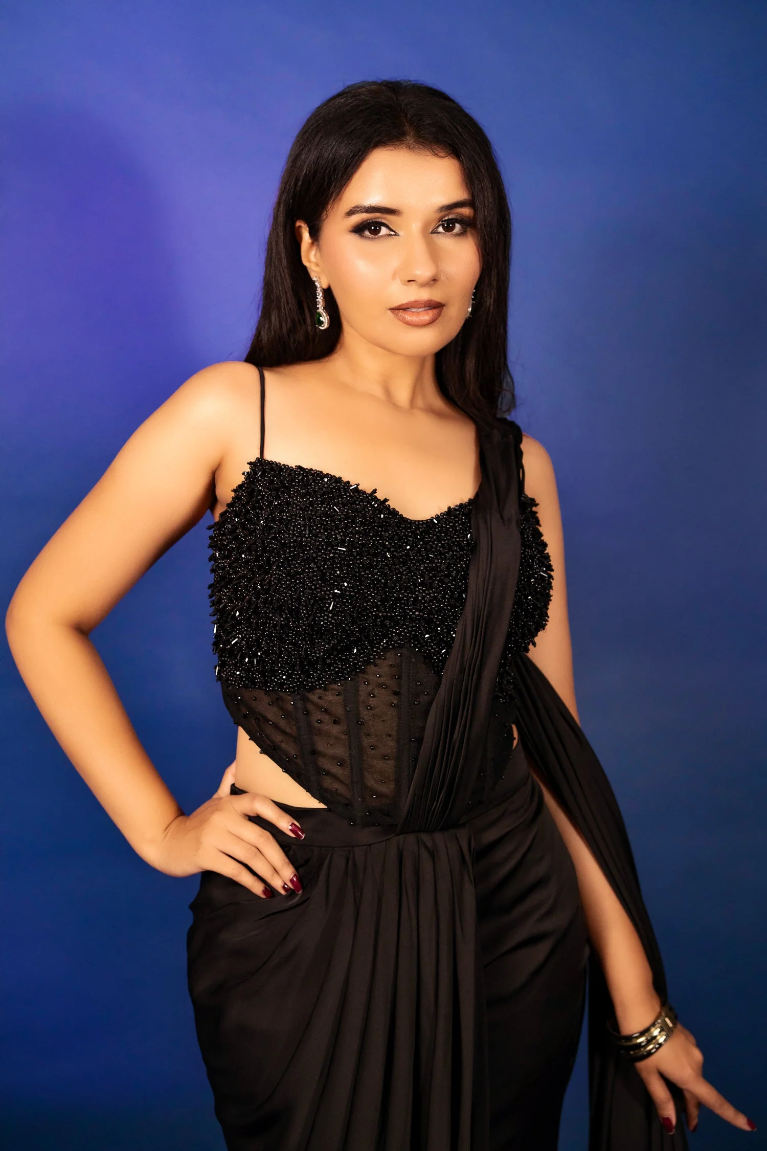 Black Satin Pre Draped Palazzo Saree with Pearl Work Corset Blouse - Image 8
