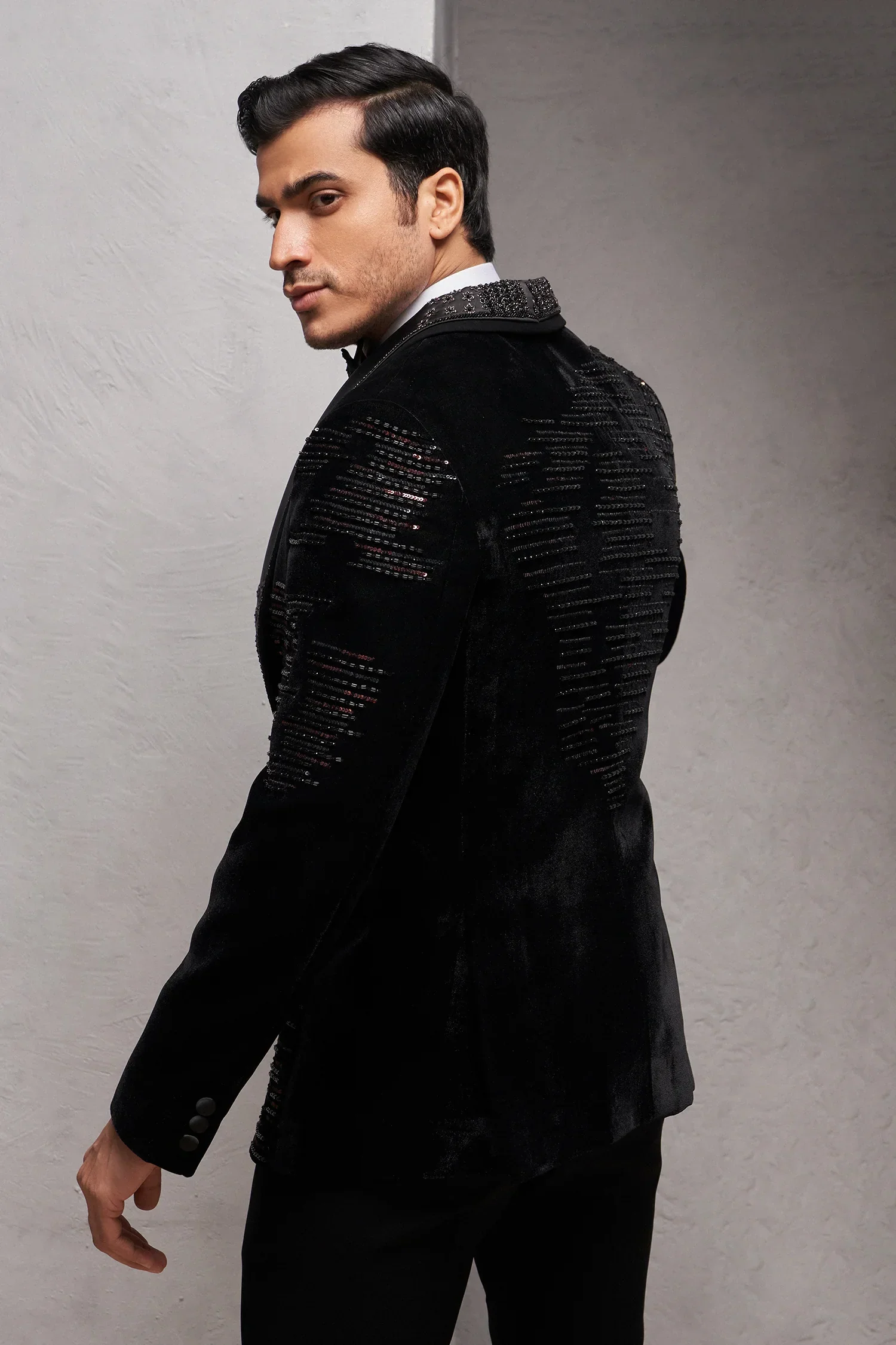 Black Velvet Imported Tuxedo Suit with Sequins and Cutdana Work - Image 3