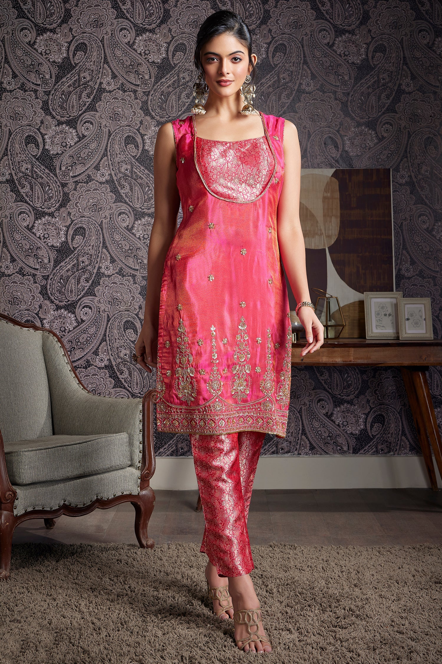 Blossom Pink Tissue Silk Sequins and Cutdana Worked Straight Cut Suit - Image 2