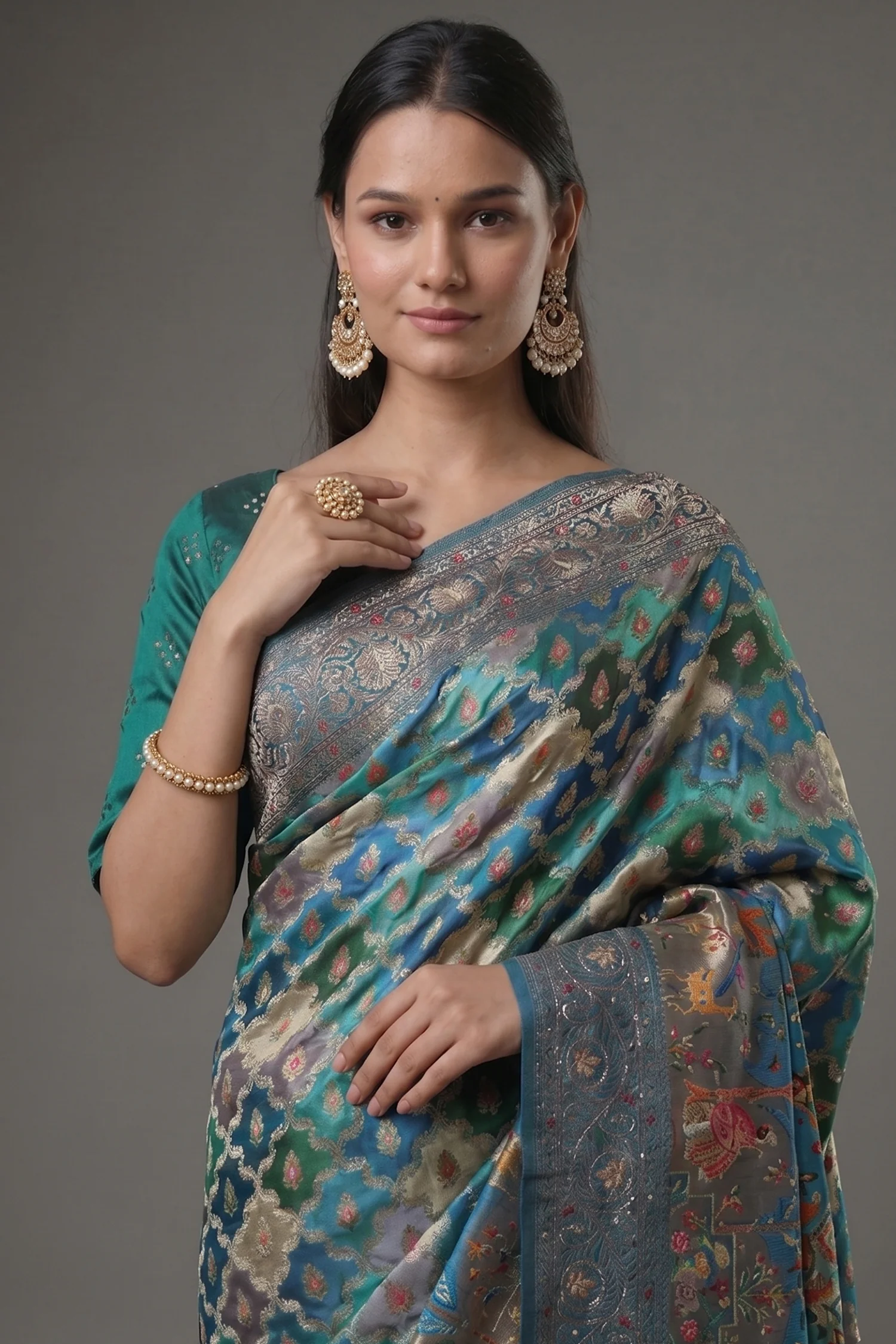 Blue and Multi Colored Modal Silk Woven Saree with Gota and Applique Work - Image 2