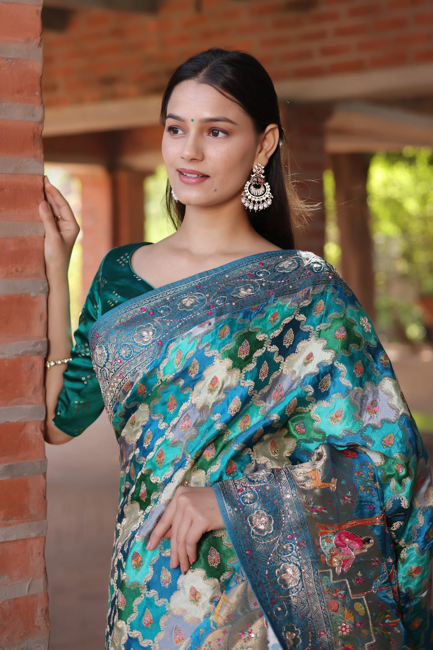 Blue and Multi Colored Modal Silk Woven Saree with Gota and Applique Work - Image 3