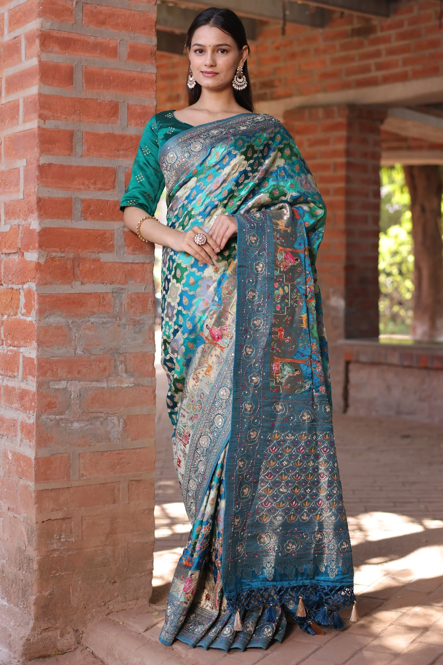 Blue and Multi Colored Modal Silk Woven Saree with Gota and Applique Work - Image 4