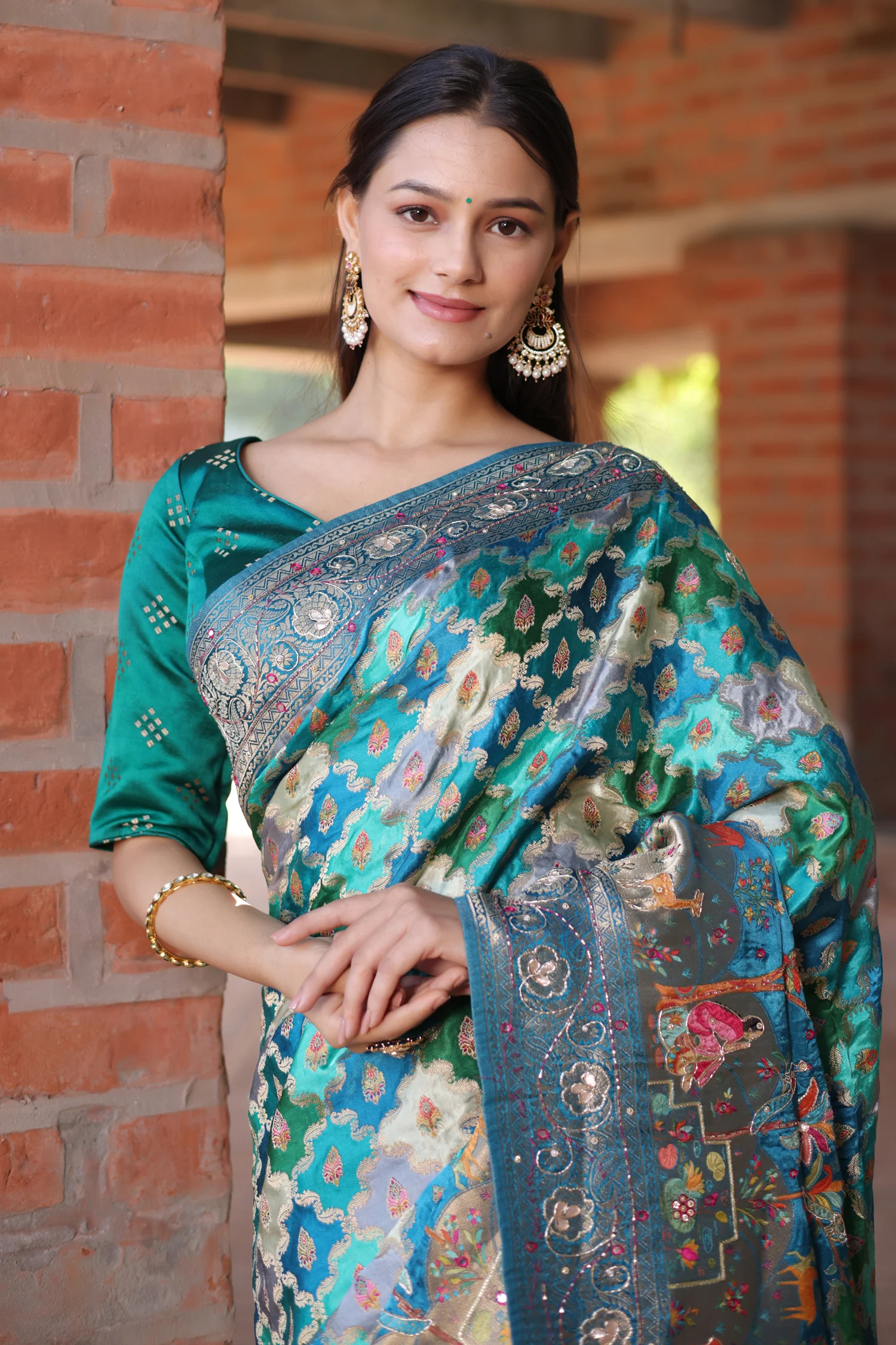 Blue and Multi Colored Modal Silk Woven Saree with Gota and Applique Work - Image 5