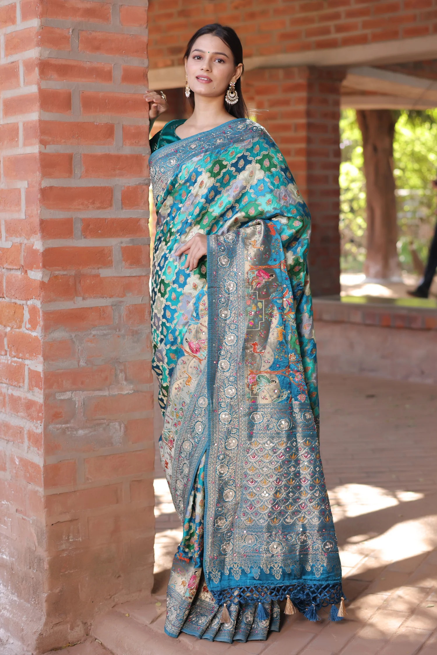 Blue and Multi Colored Modal Silk Woven Saree with Gota and Applique Work - Image 6