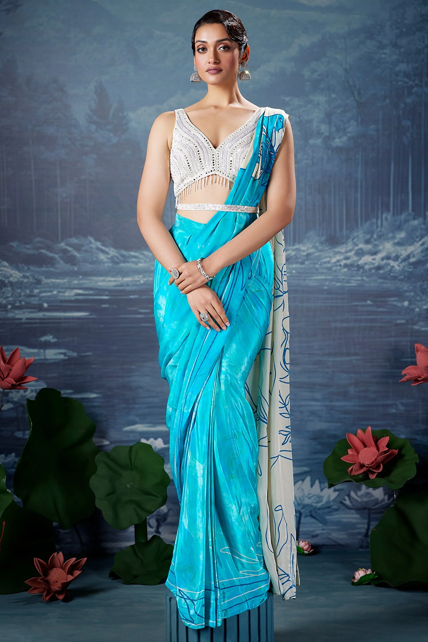 Blue Crepe Silk Printed Ready to Wear Saree with Mirror and Sequin Cutdana Work V Neck Blouse - Image 3