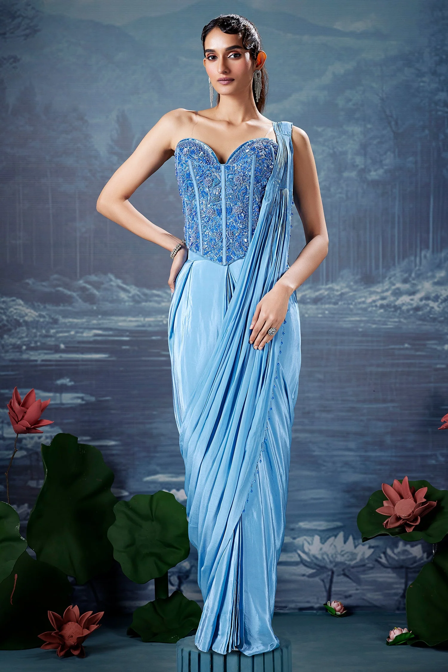 Blue Crepe Silk Readymade Saree with Beaded Cutdana Worked Corset - Image 3