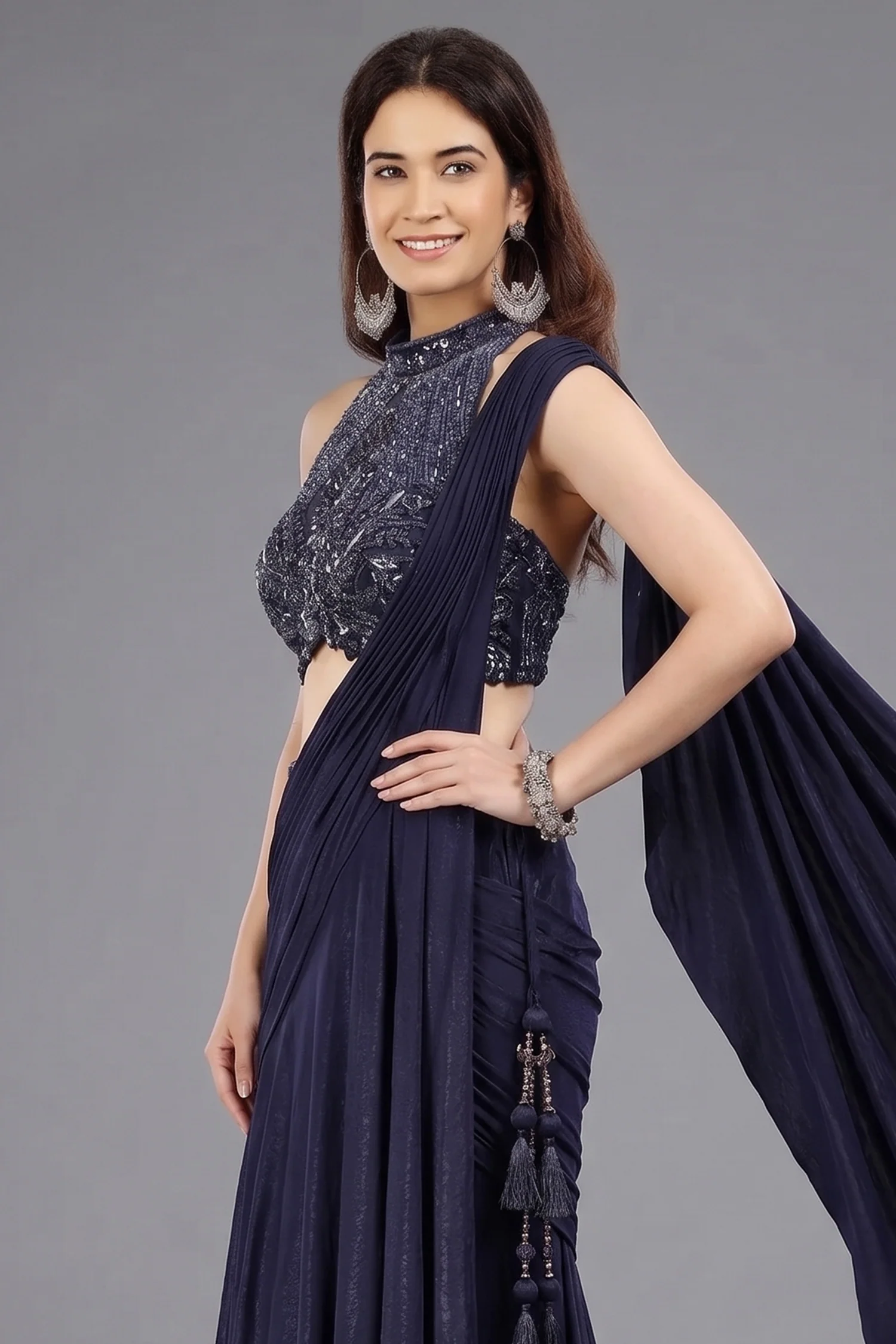 Blue Crepe Silk Readymade Saree with Embellished Heltar Neck Blouse - Image 2