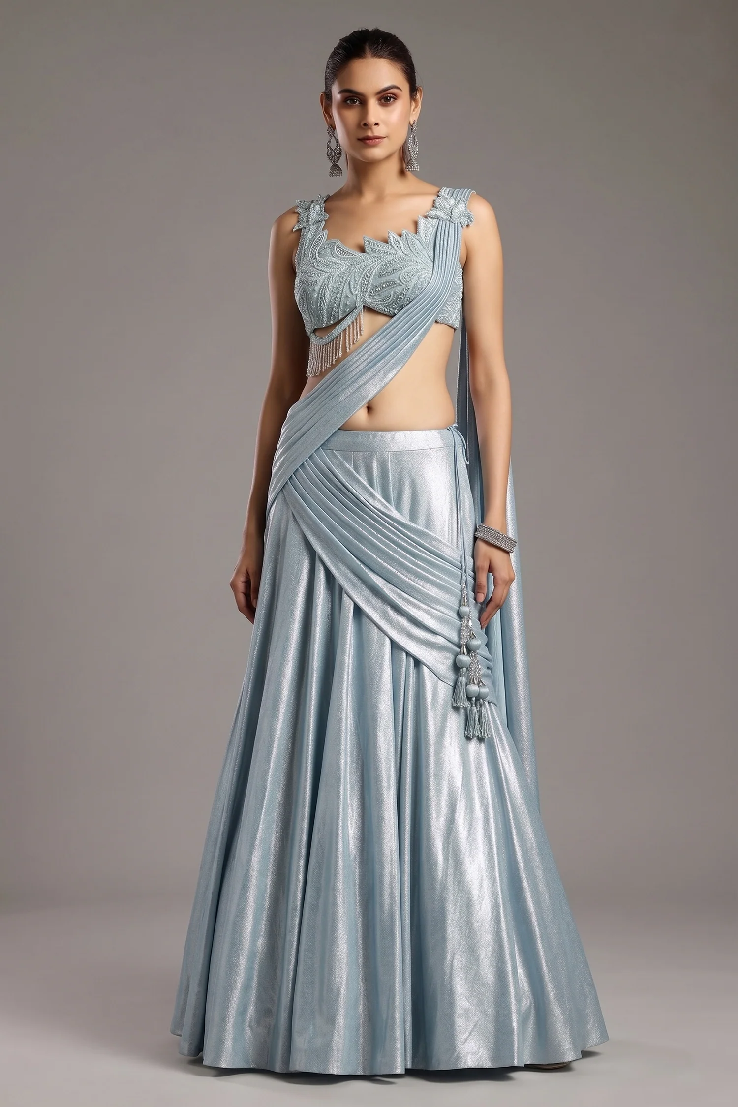 Blue Imported Crepe Silk Lehenga with Embellished Blouse and Attached Dupatta