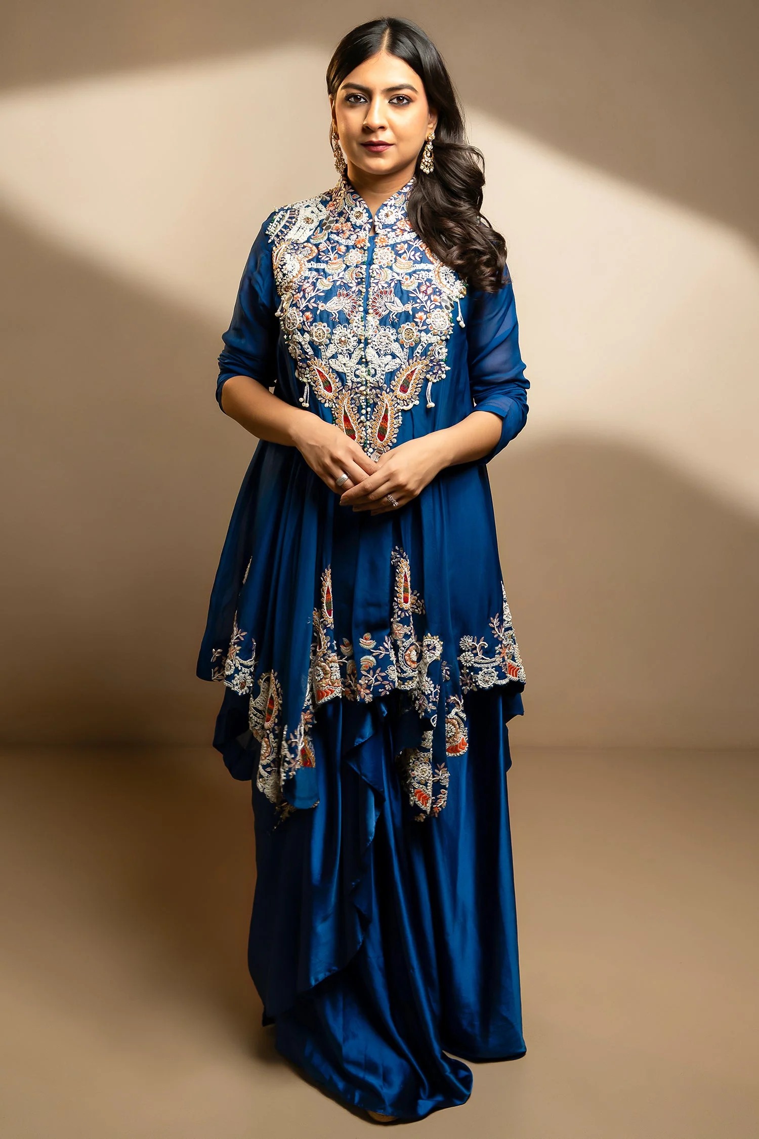 Blue Organza Handworked Bodice Asymmetrical Skirt Set