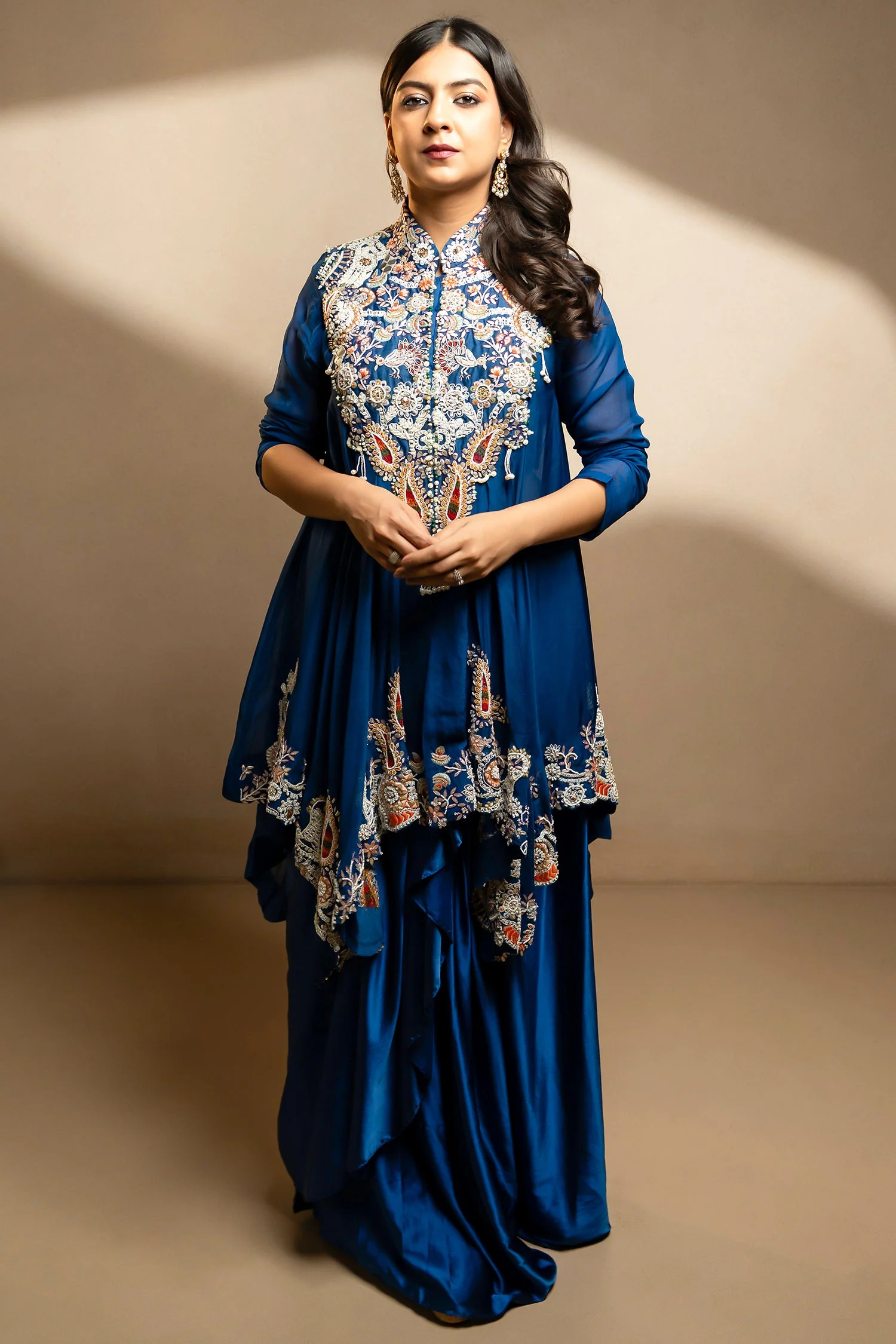 Blue Organza Handworked Bodice Asymmetrical Skirt Set - Image 2
