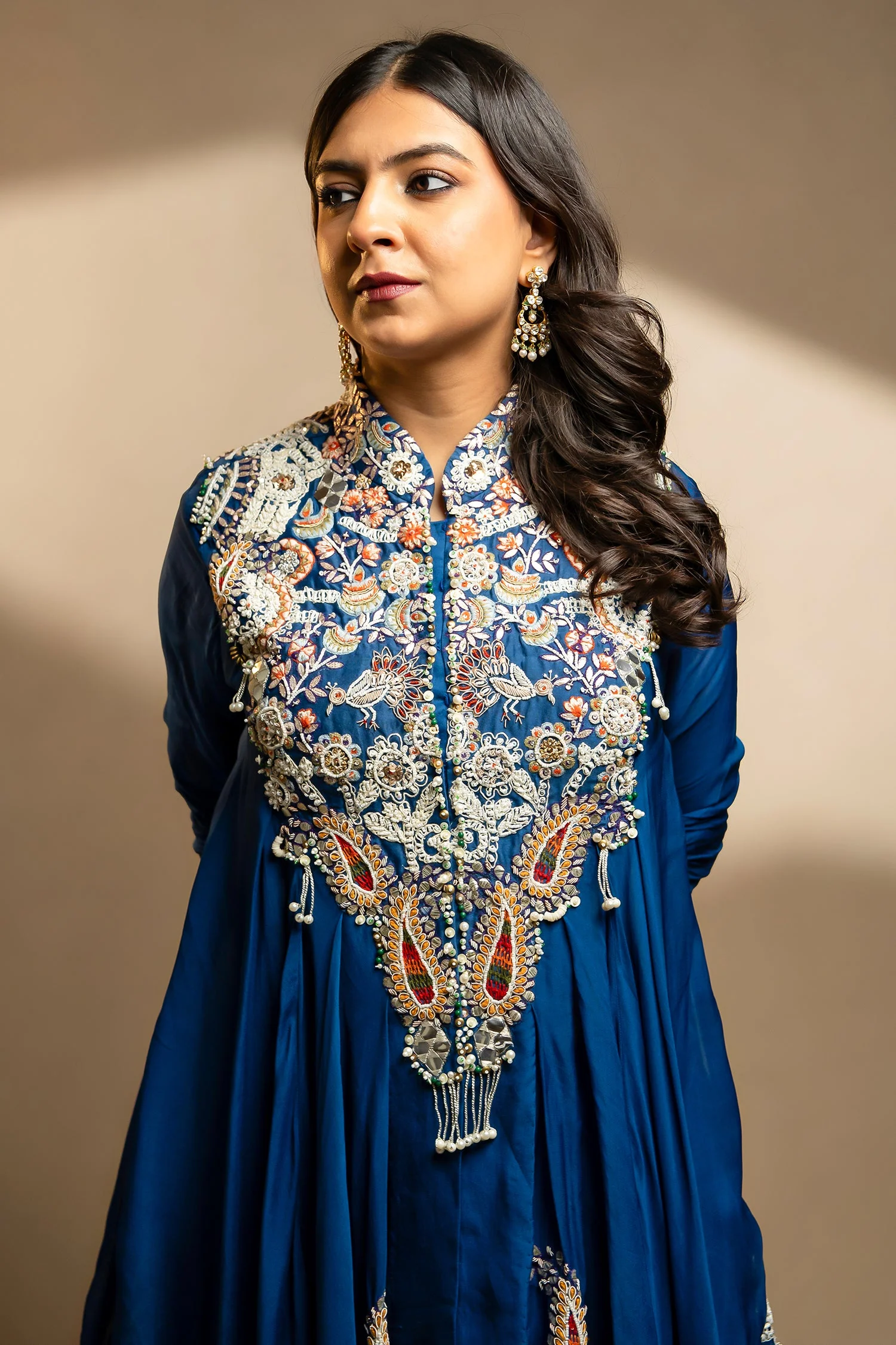 Blue Organza Handworked Bodice Asymmetrical Skirt Set - Image 5