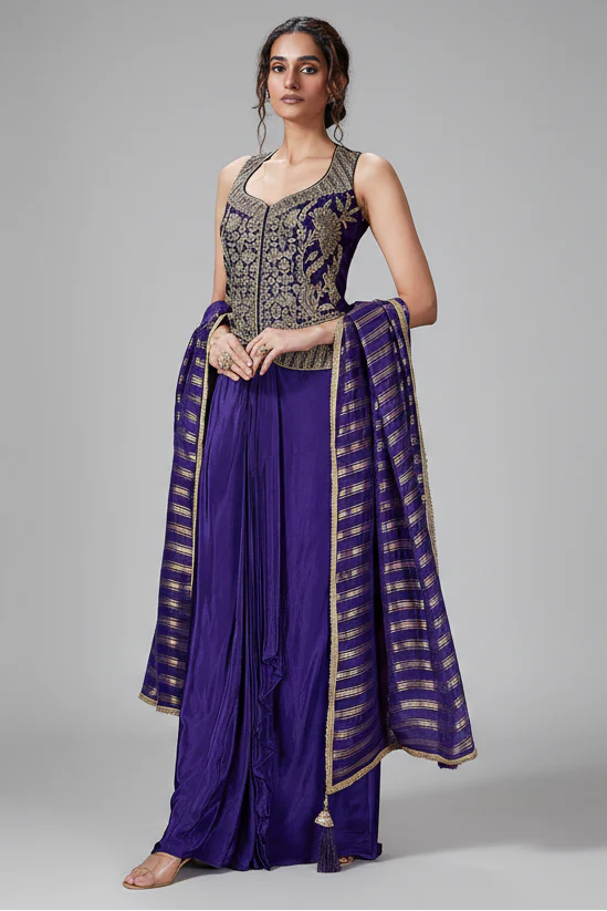 Blue Raw Silk Embroidered Top with Pleated Skirt Set