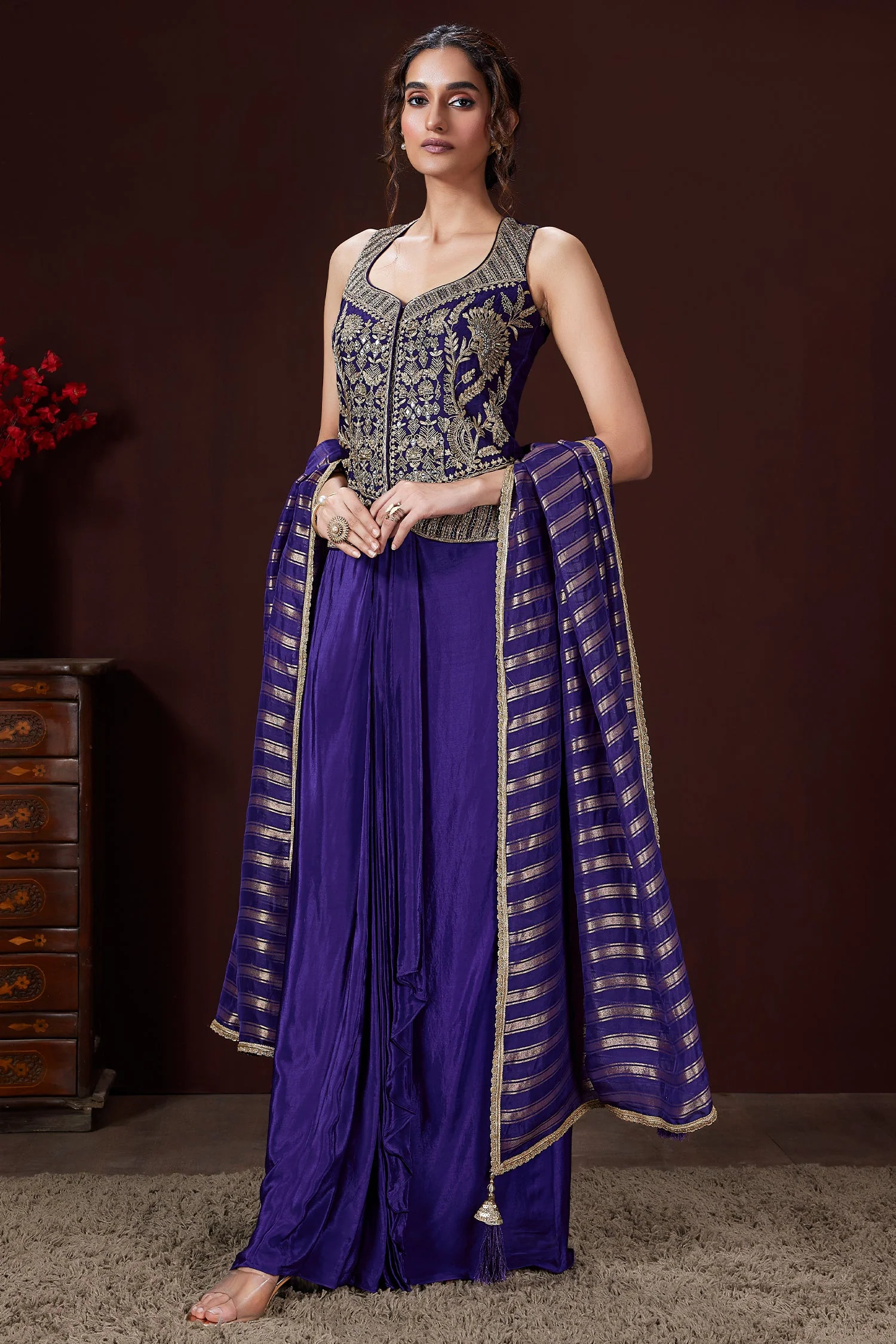 Blue Raw Silk Embroidered Top with Pleated Skirt Set - Image 2