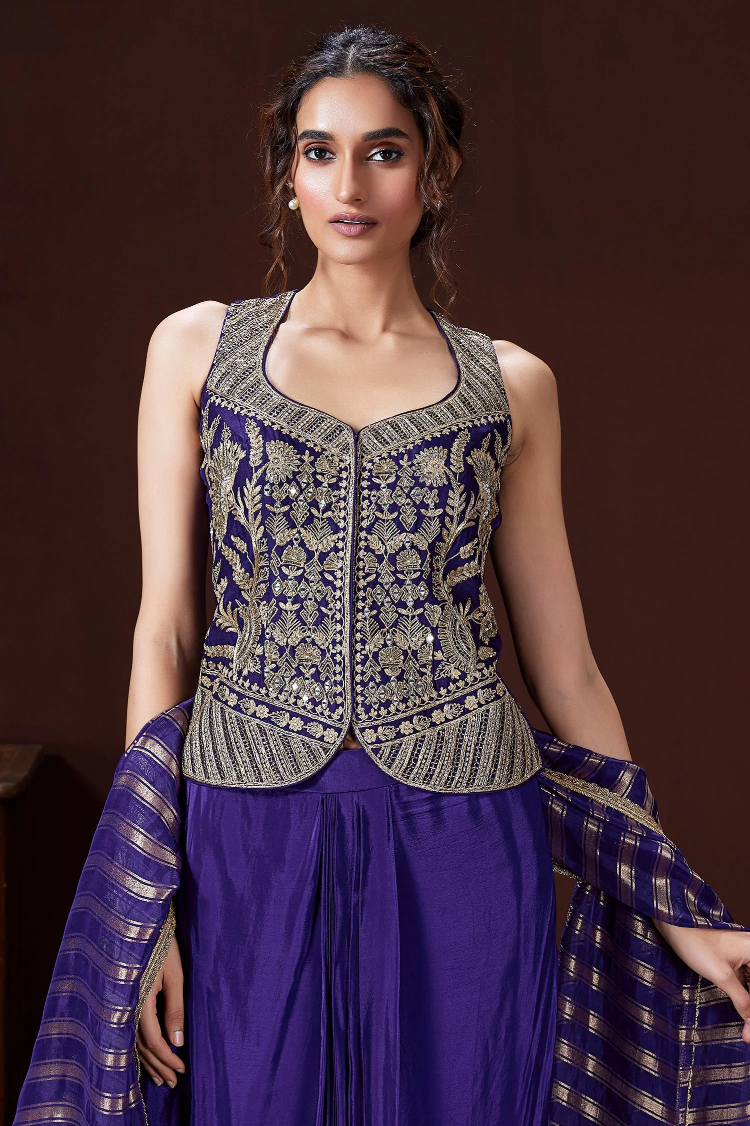 Blue Raw Silk Embroidered Top with Pleated Skirt Set - Image 3